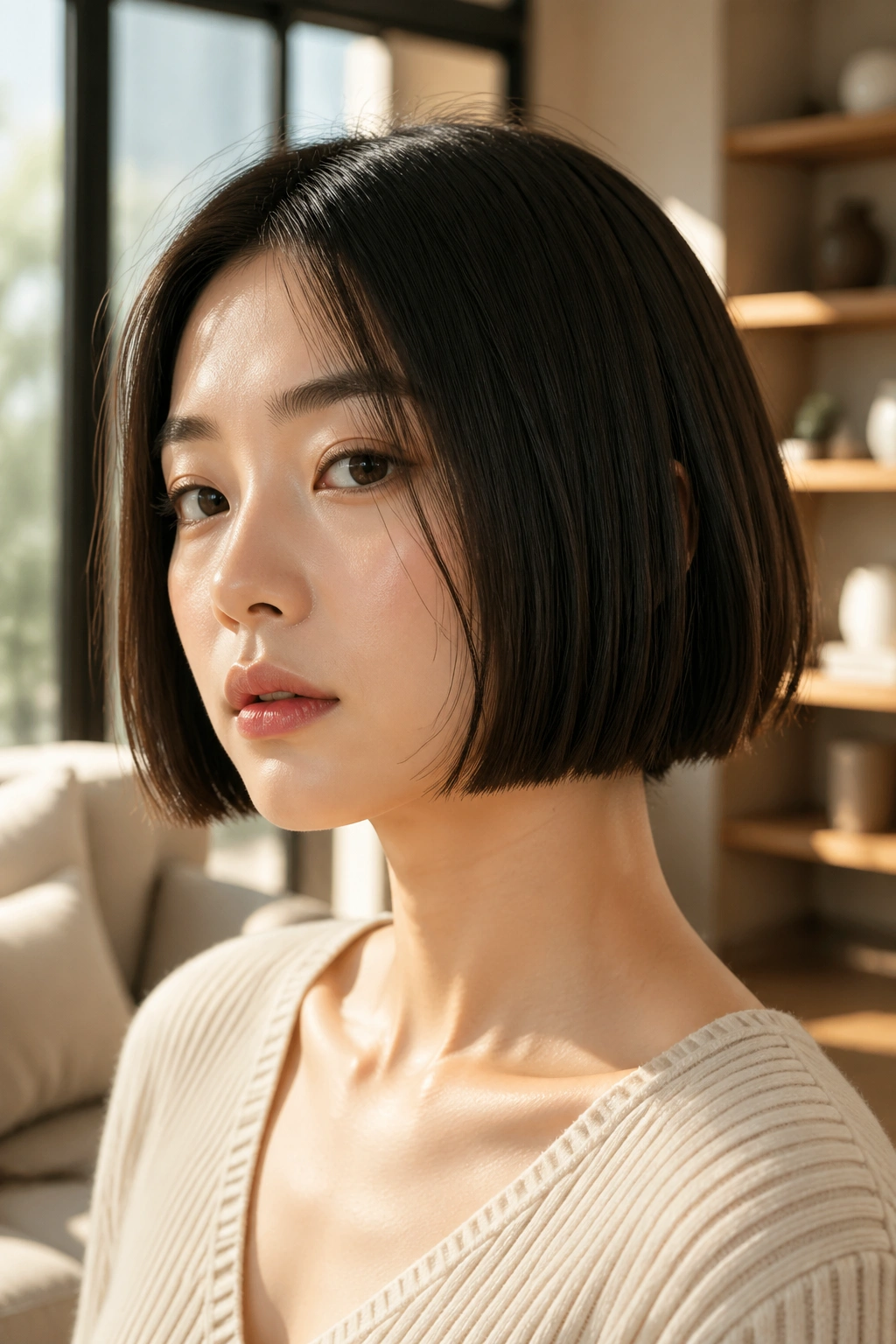 Close-up portrait of a real woman with a jaw-length blunt-edge Japanese bob in warm natural light