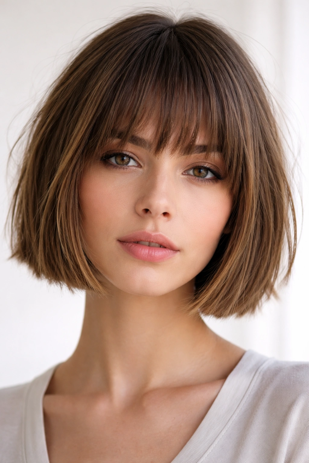 Jaw-length bob showing a textured, choppy fringe