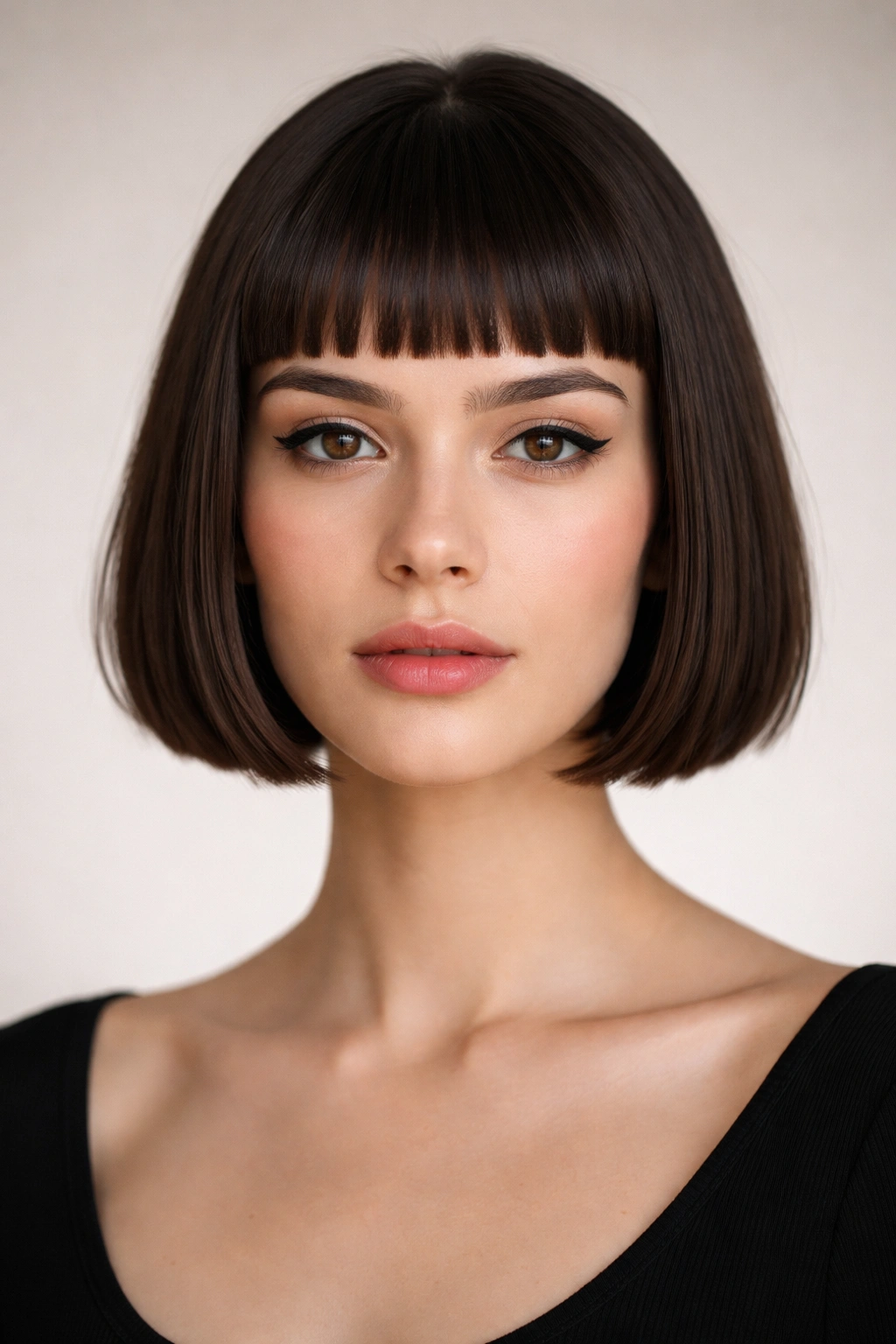 Jaw-length bob with micro bangs, crisp lines and smooth finish in studio portrait