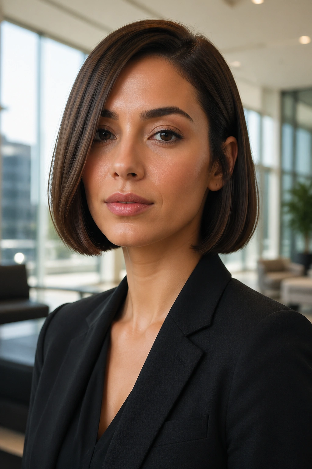 Portrait of a woman with a jaw-length bob showing a sharp jawline and sleek ends