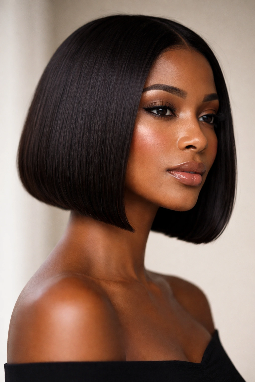 Jaw-length bob with a crisp line along the jaw on smooth relaxed hair