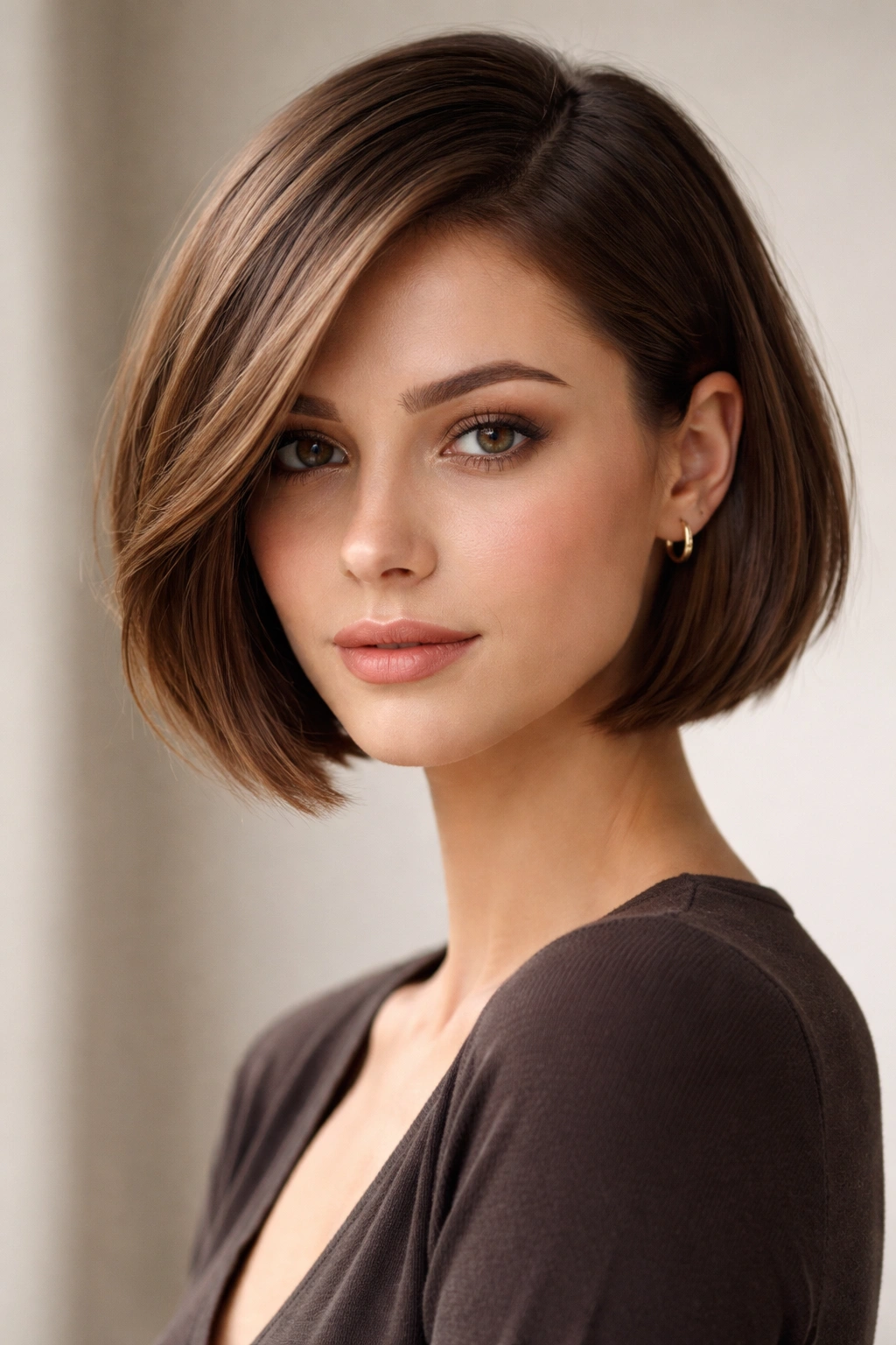 Jaw-length bob with deep side part and jaw-hitting front pieces.