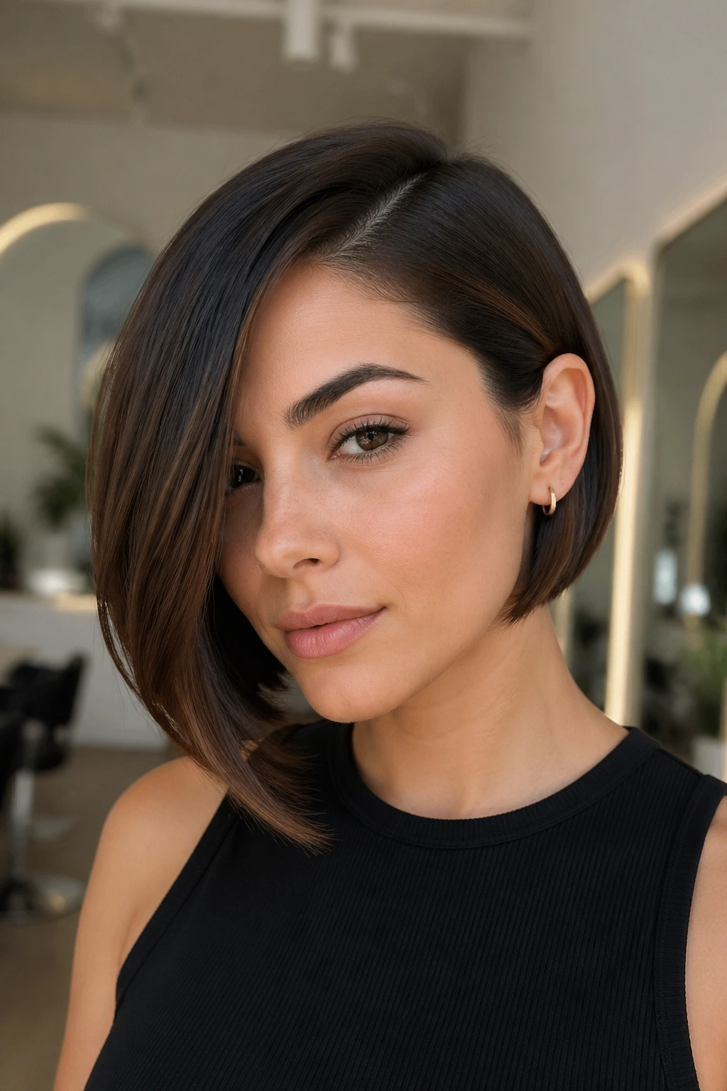 Close-up of jaw-length asymmetrical bob with deep side part