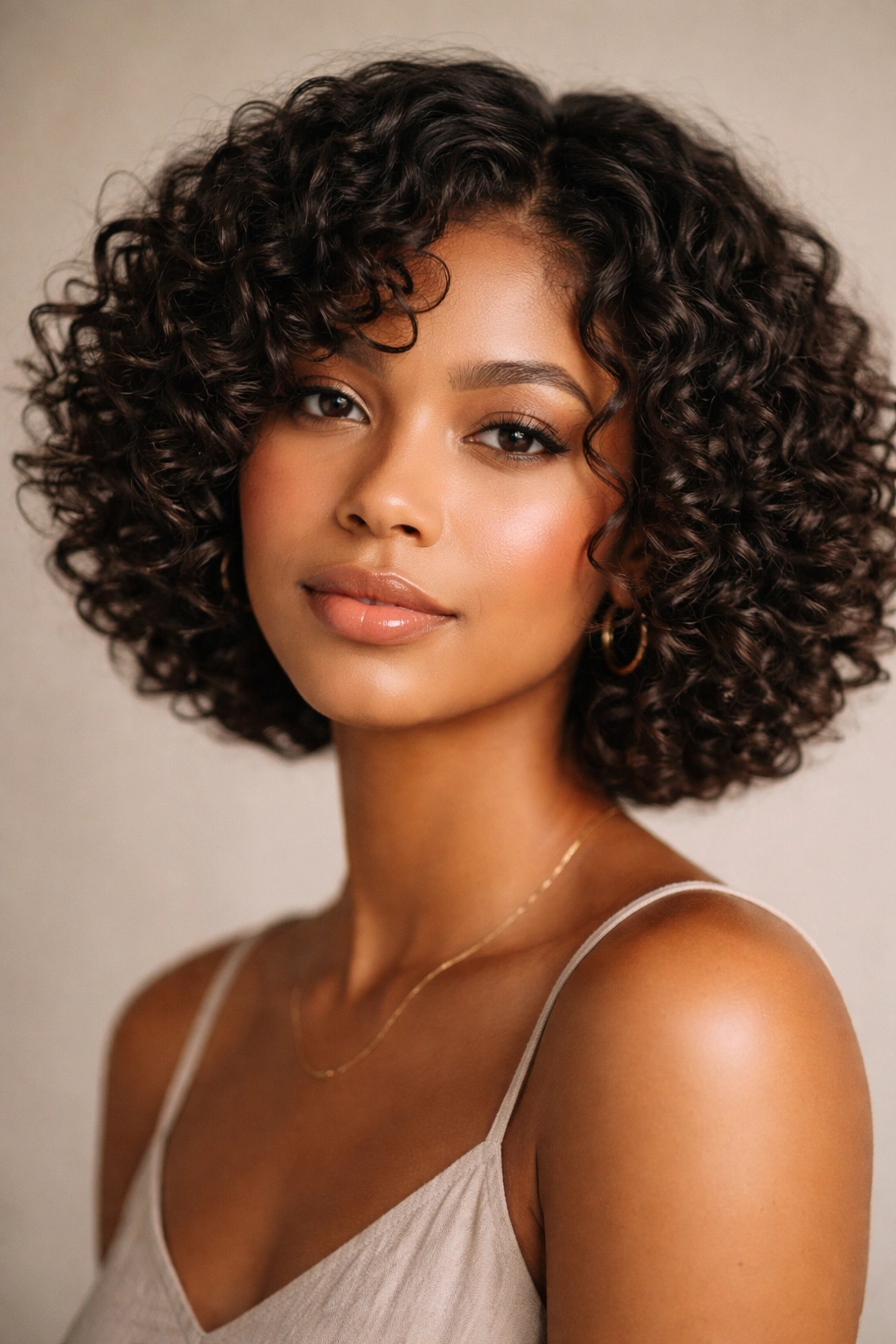 Jaw-length curly bob with face-framing pieces showing movement