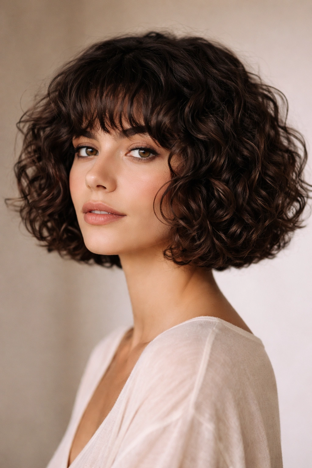 Jaw-length curly bob showing a clean jawline and defined front edge.
