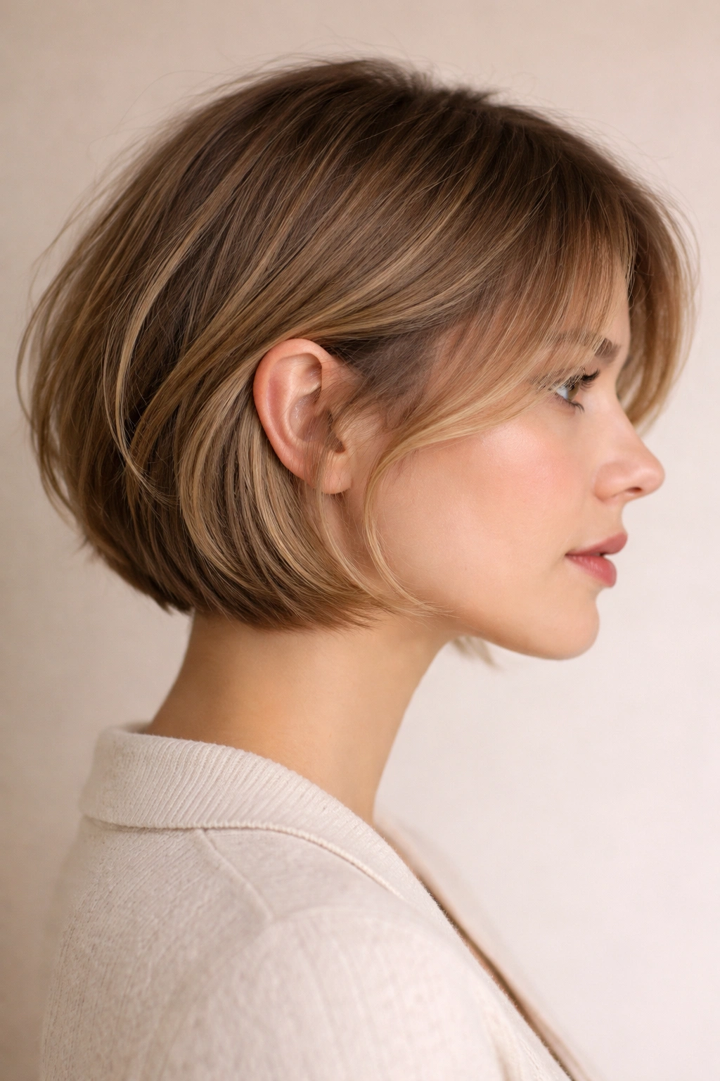 Jaw-length hush cut bob with tucked-in volume behind the ears