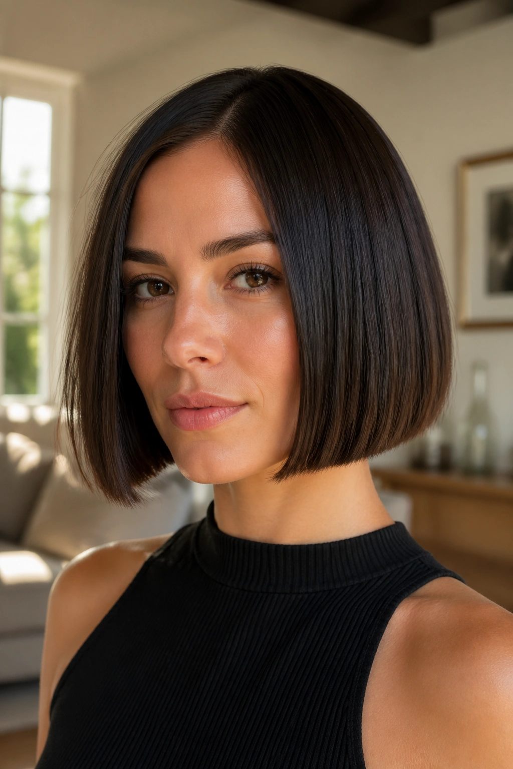 Close-up of a real woman with jaw-length inverted bob and blunt ends in a bright room.