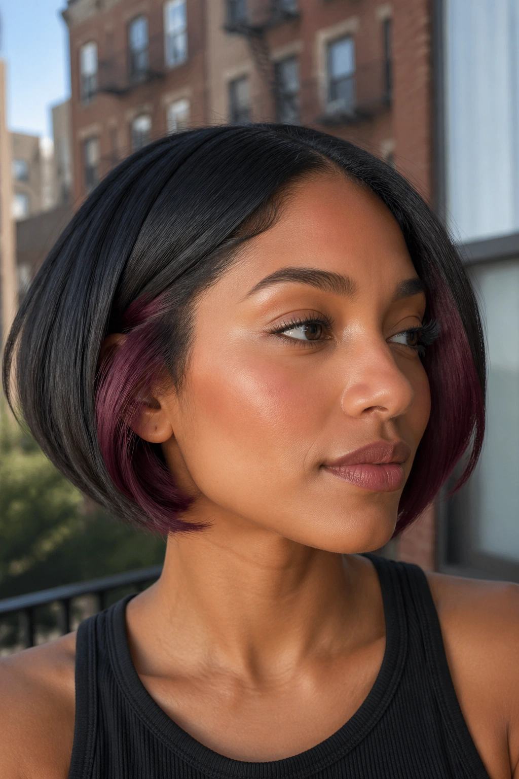 Close-up of jaw-length bob with peekaboo plum underlayer on a real person