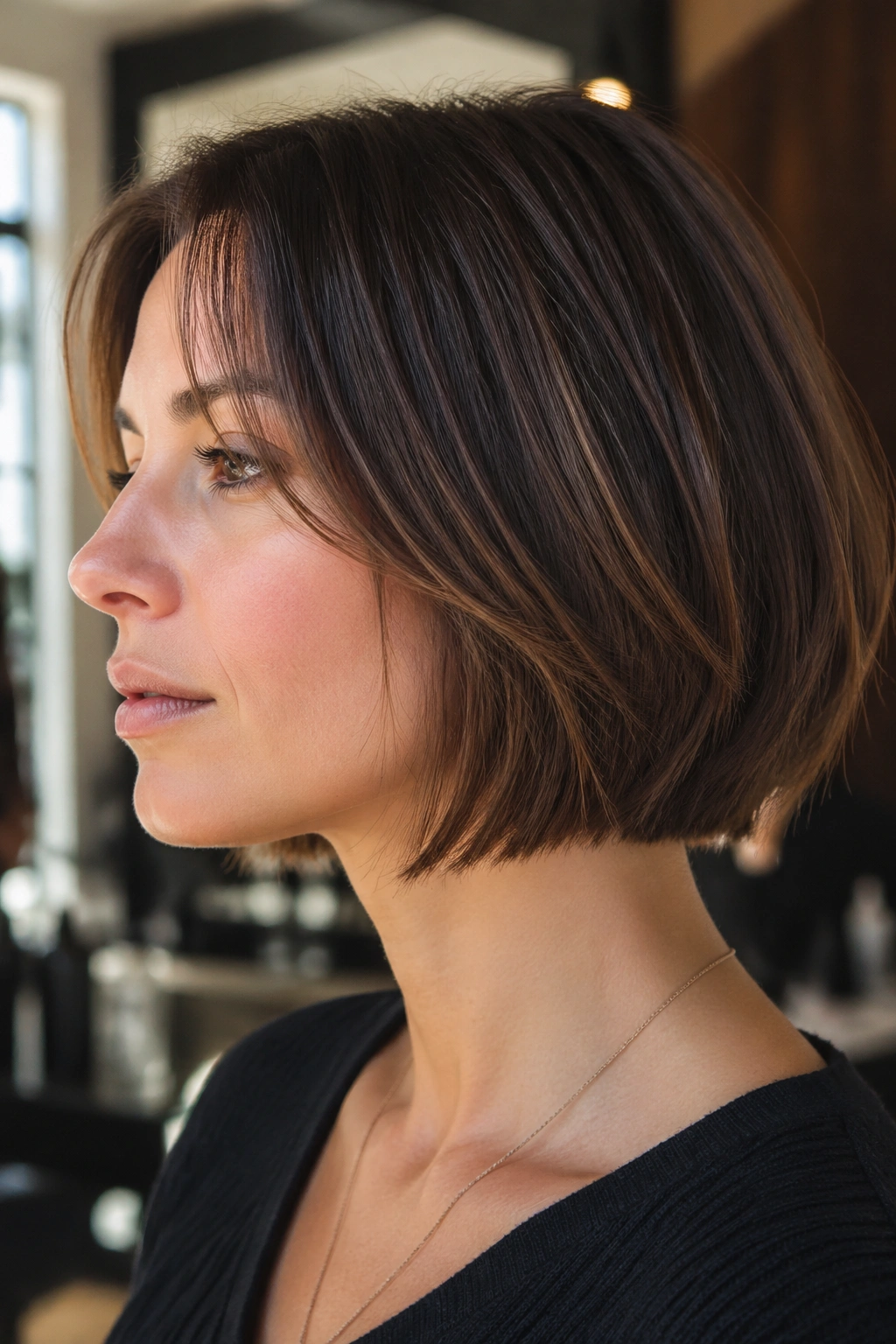 Portrait of a real woman with jaw-length razor bob and invisible layers.