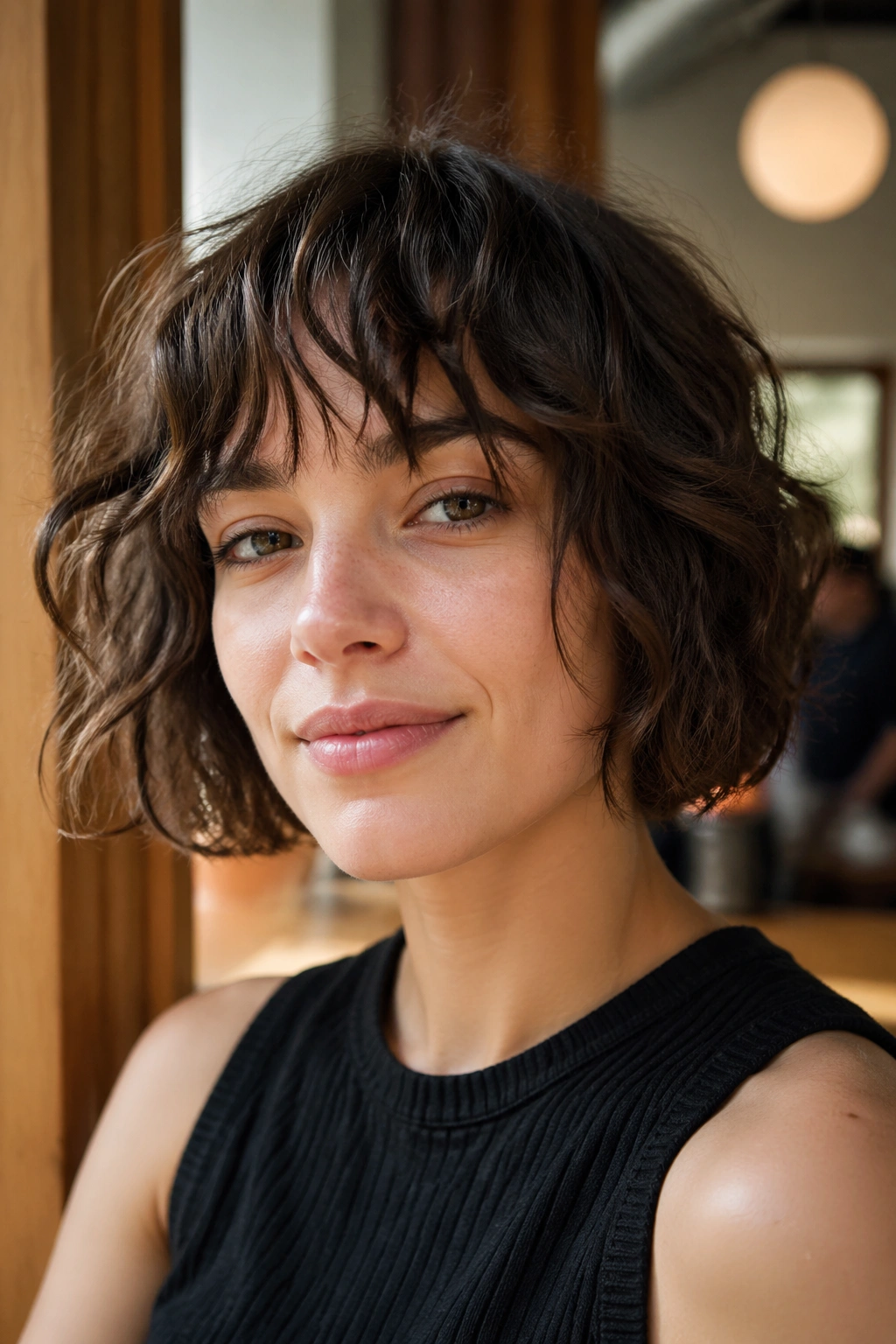Real person with jaw-length shag bob and piecey bangs