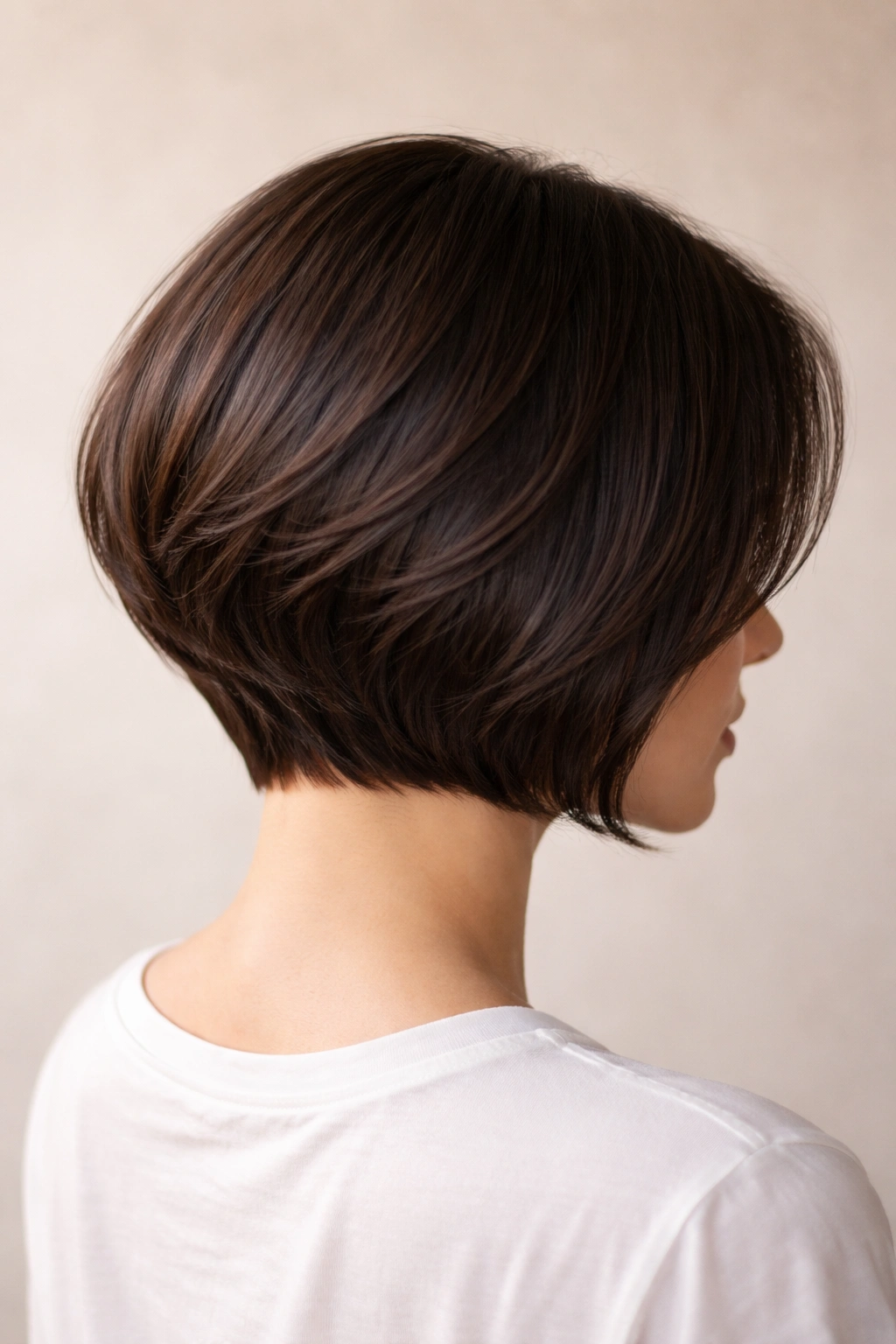 Close-up of jaw-length stacked bob on thick hair showing lifted nape and clean perimeter.