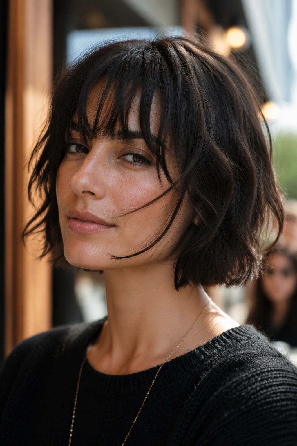 Portrait of a real person with a tousled jaw-length wolf bob and bottleneck bangs