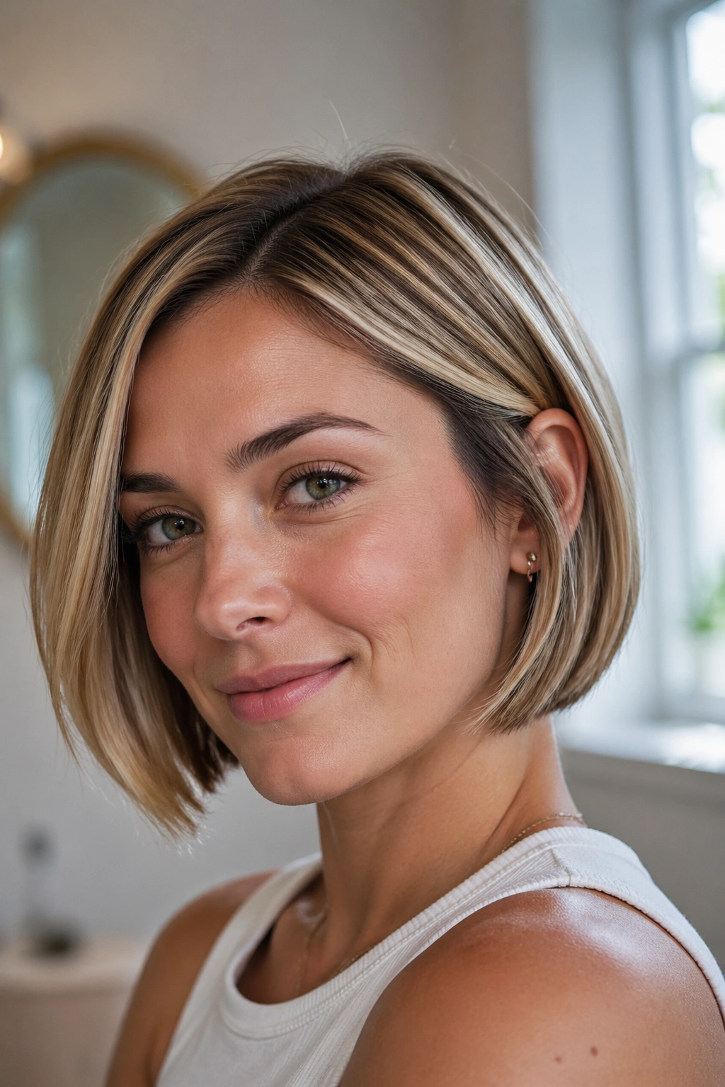 Real woman with jaw-skimming bob and champagne highlights in soft natural light