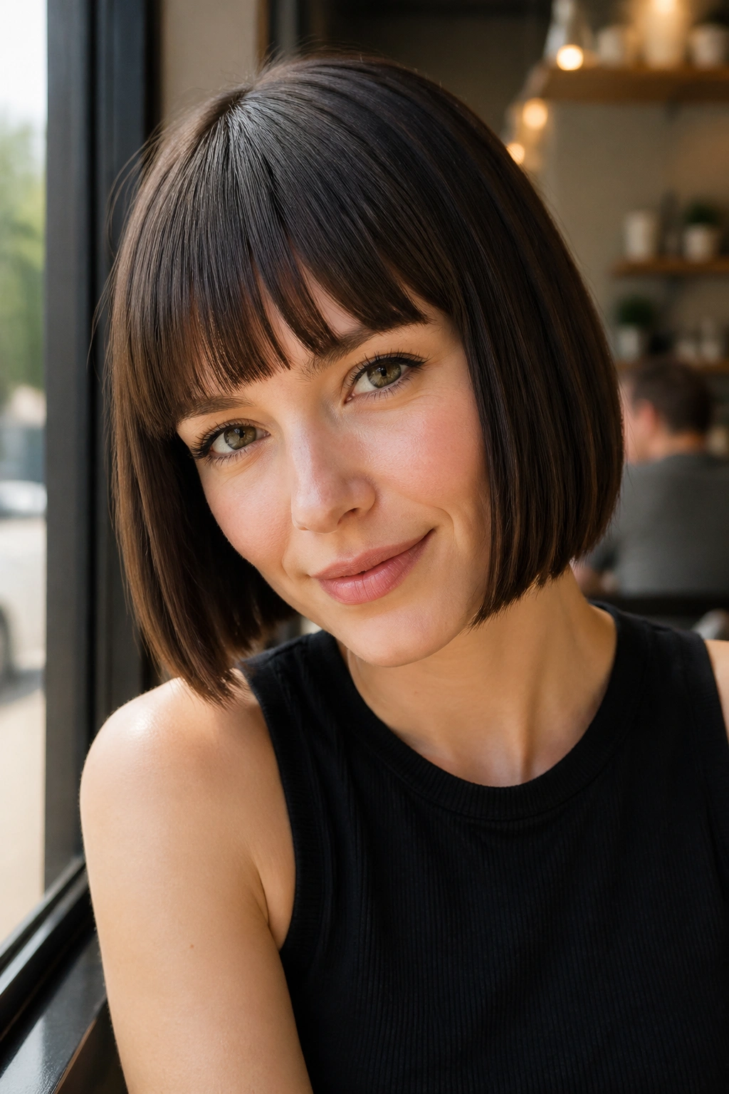 Close-up of a real woman with jaw-skimming bob and clean fringe