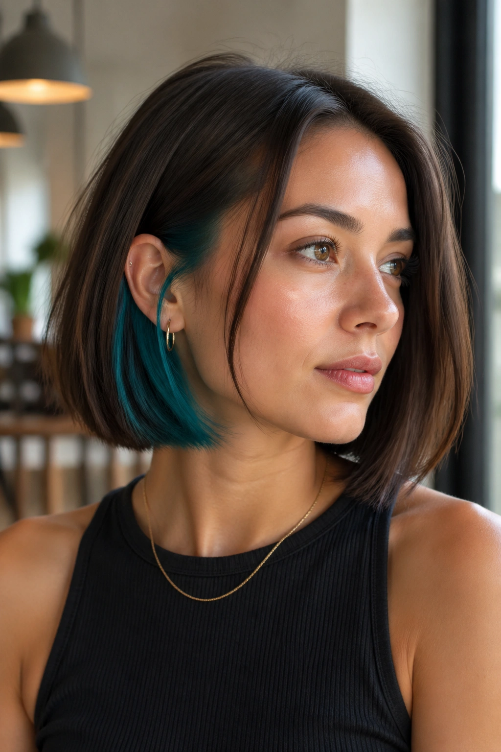 Close-up portrait of a real woman with a jaw-skimming bob showing teal peekaboo panels behind the ear
