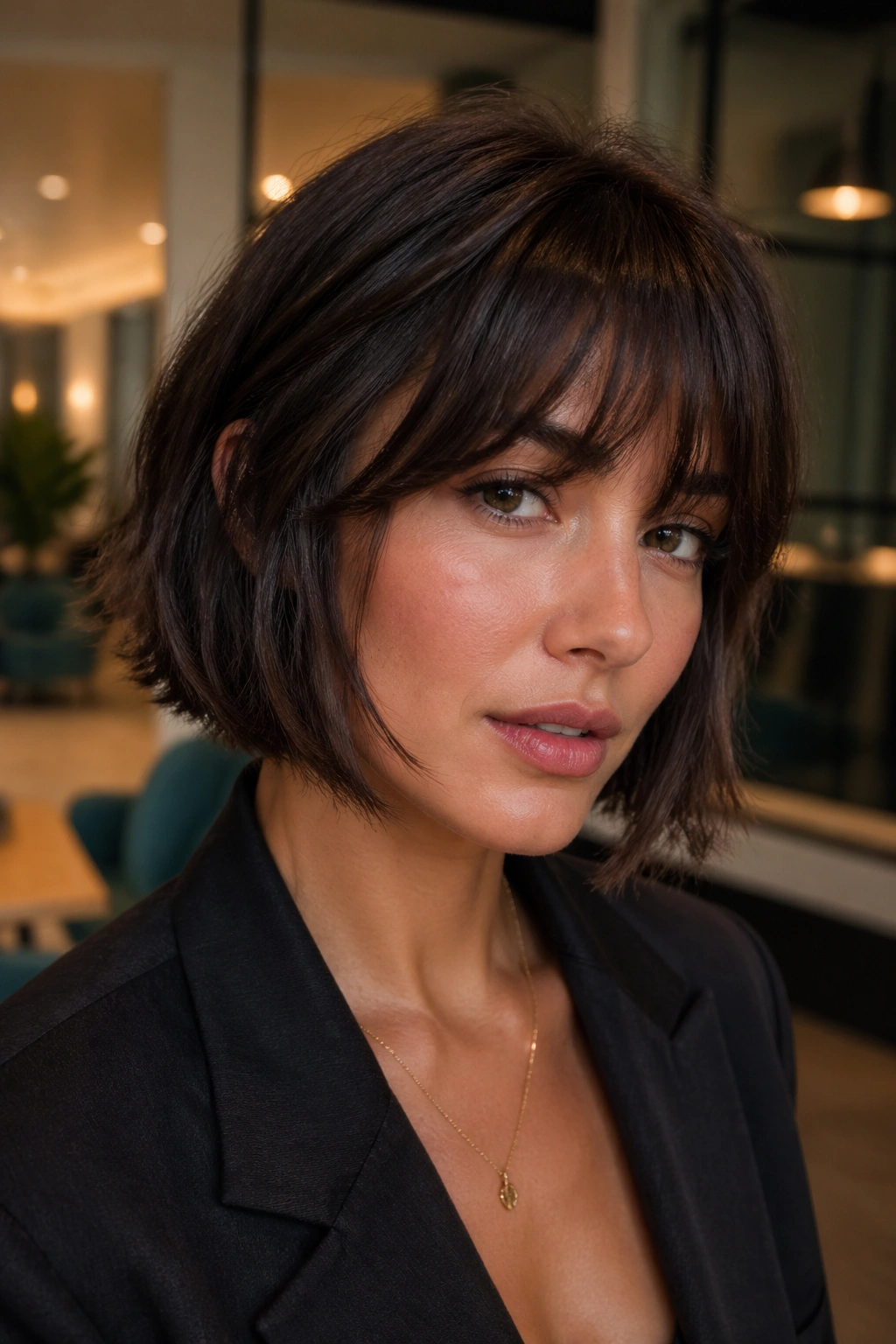 Close-up of a real woman with Jawline French Bob Wolf Cut with Piecey Fringe in a modern lounge