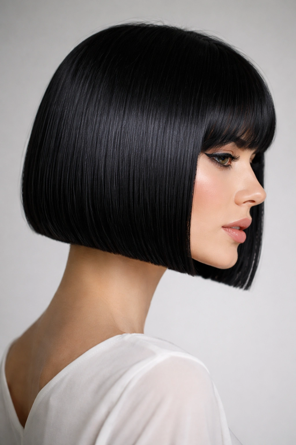 Close-up of jet-black blunt bob with razor-clean edge and high shine