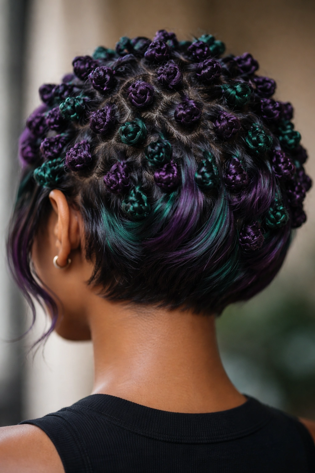 Close-up of jewel-tone purple and emerald micro knots on a short bob, deep color and density