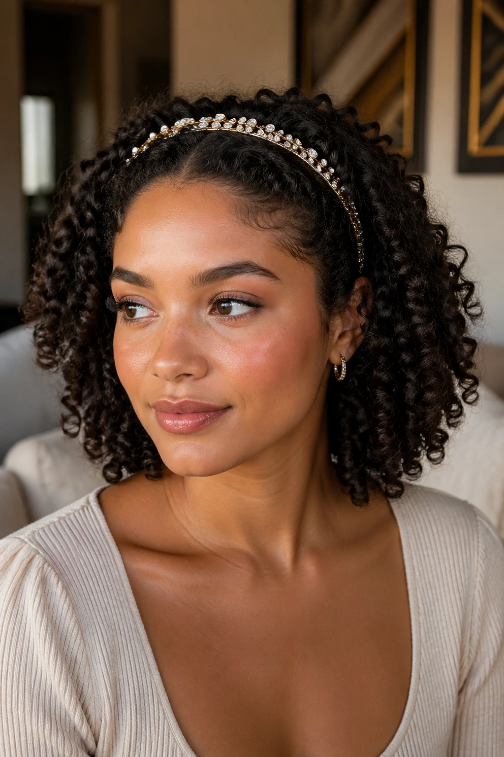 Close-up of a person wearing a jeweled headband with curled hair