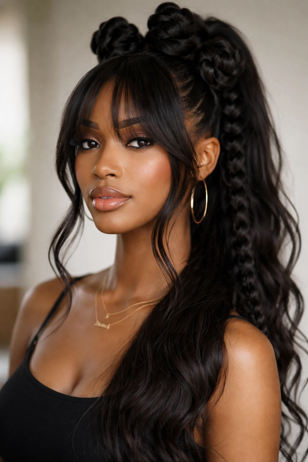 Jumbo Bantu knot ponytail with long curtain bangs