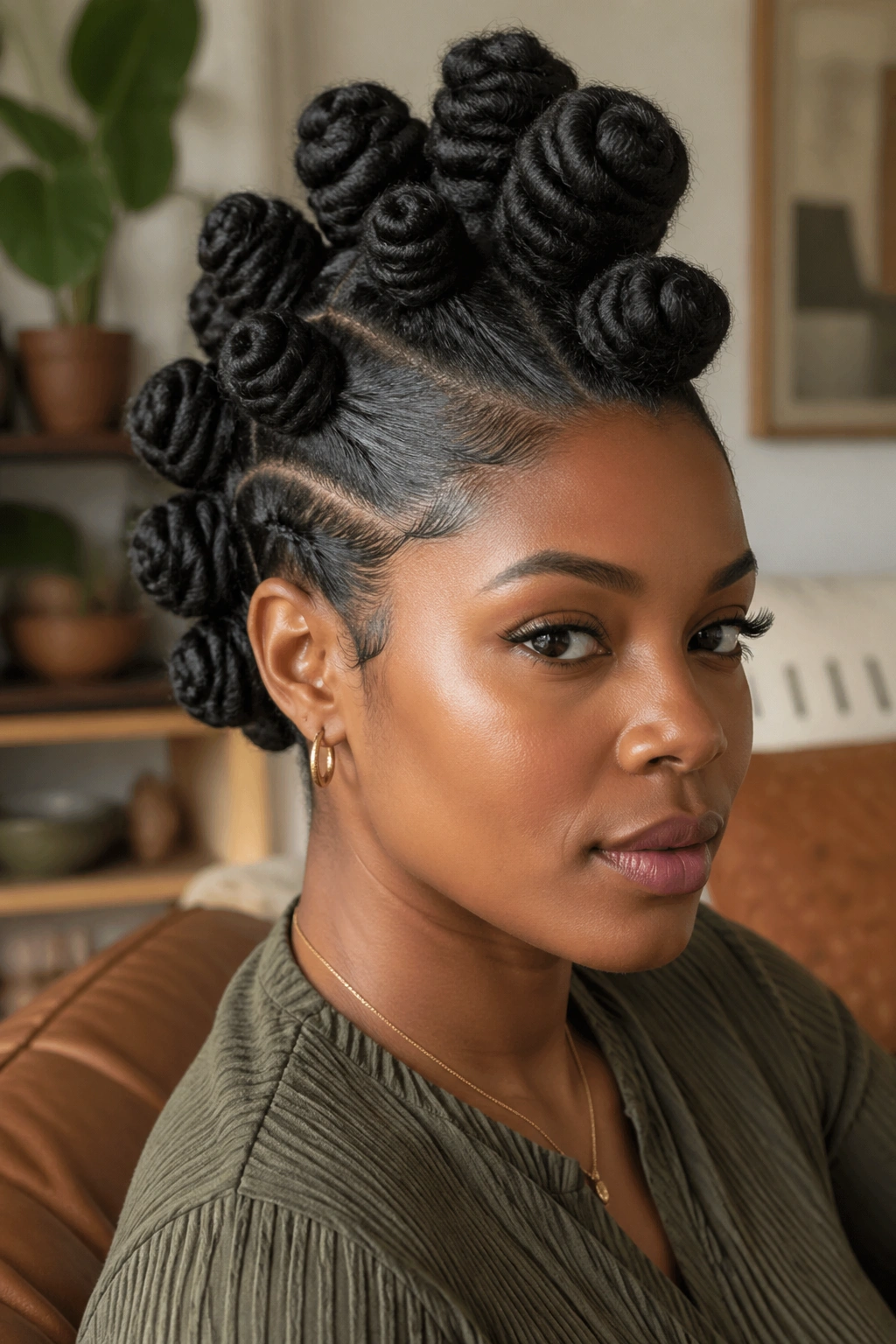 Real person with jumbo Bantu Knot Mohawk on thick coils