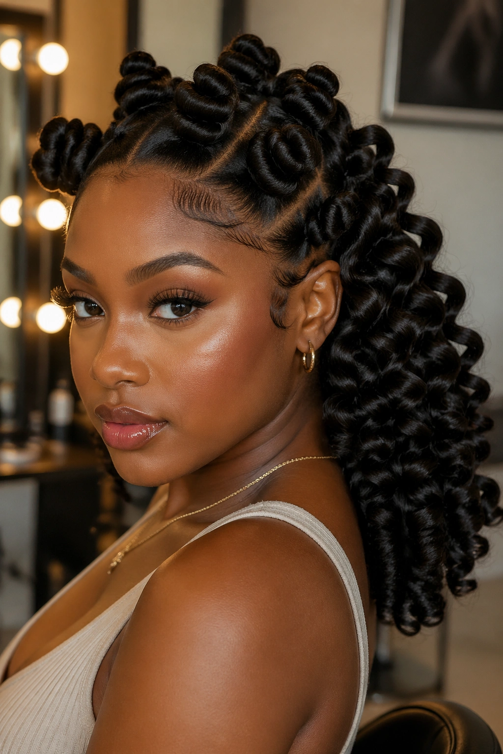 Close-up portrait of a real woman with jumbo Bantu knots and thick barrel curls