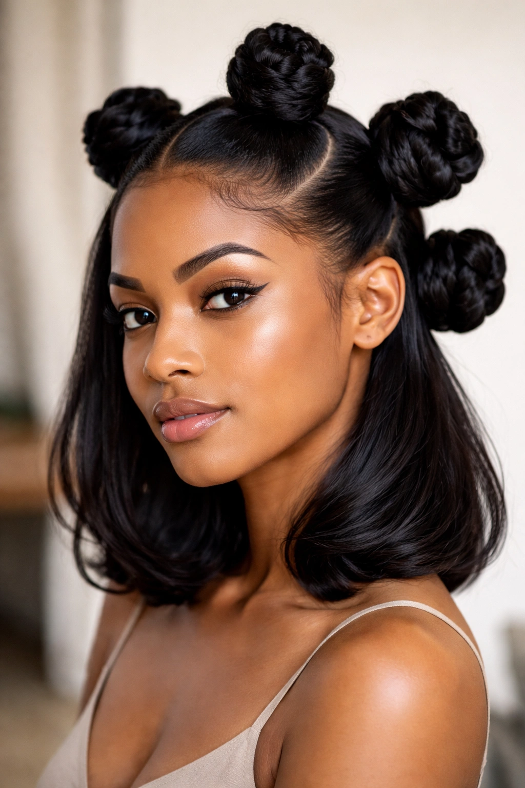 Model displaying large jumbo Bantu knots on medium-length hair