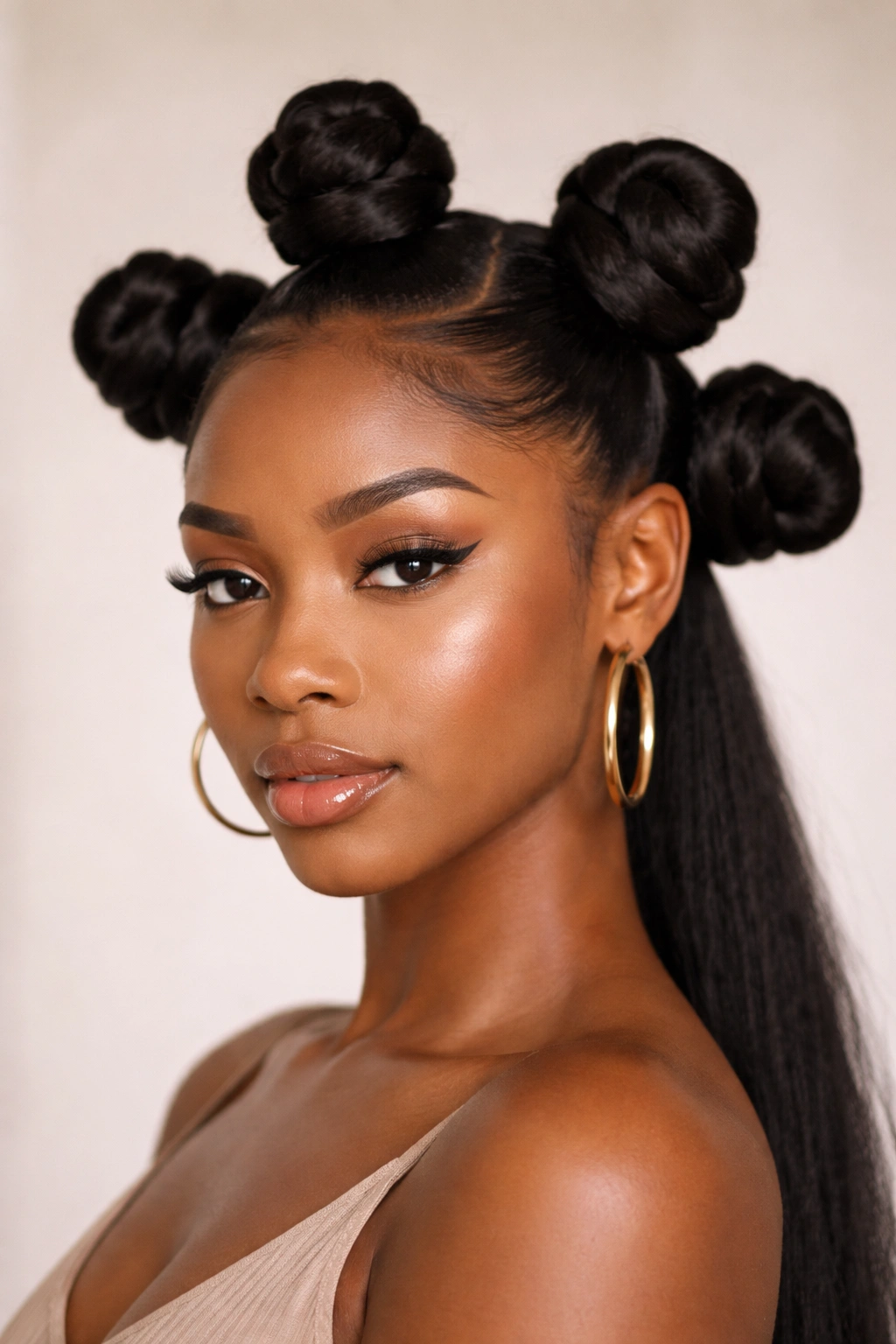 Head with large jumbo Bantu knots on stretched natural hair