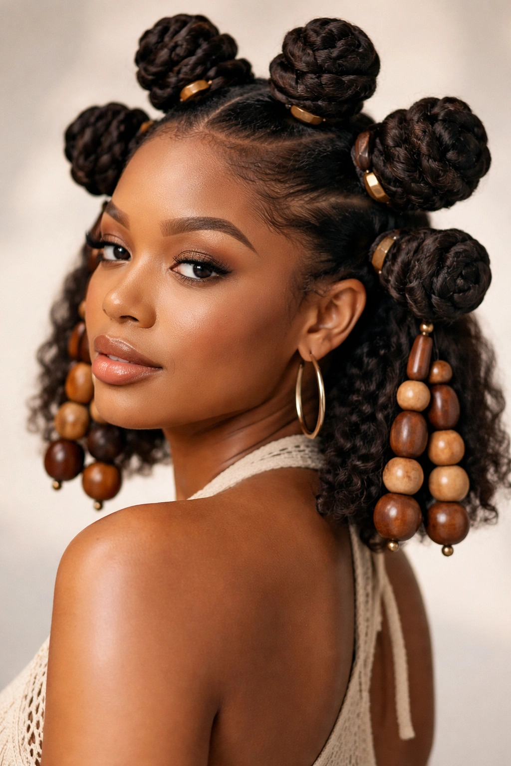 Portrait view of jumbo bantu knots with wooden beads on a bob cut