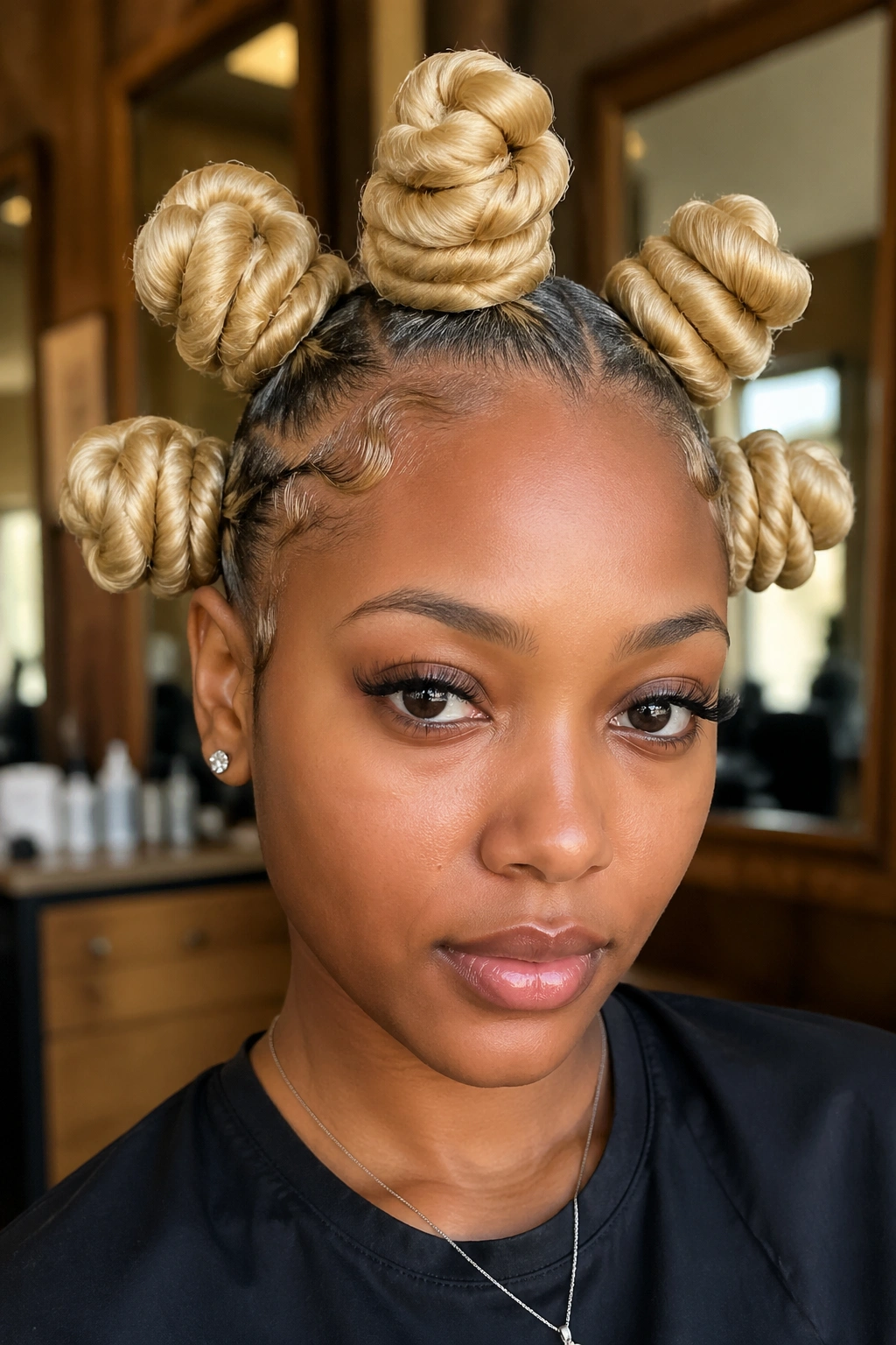 Close-up of jumbo blonde Bantu knots on a real woman in a warm salon