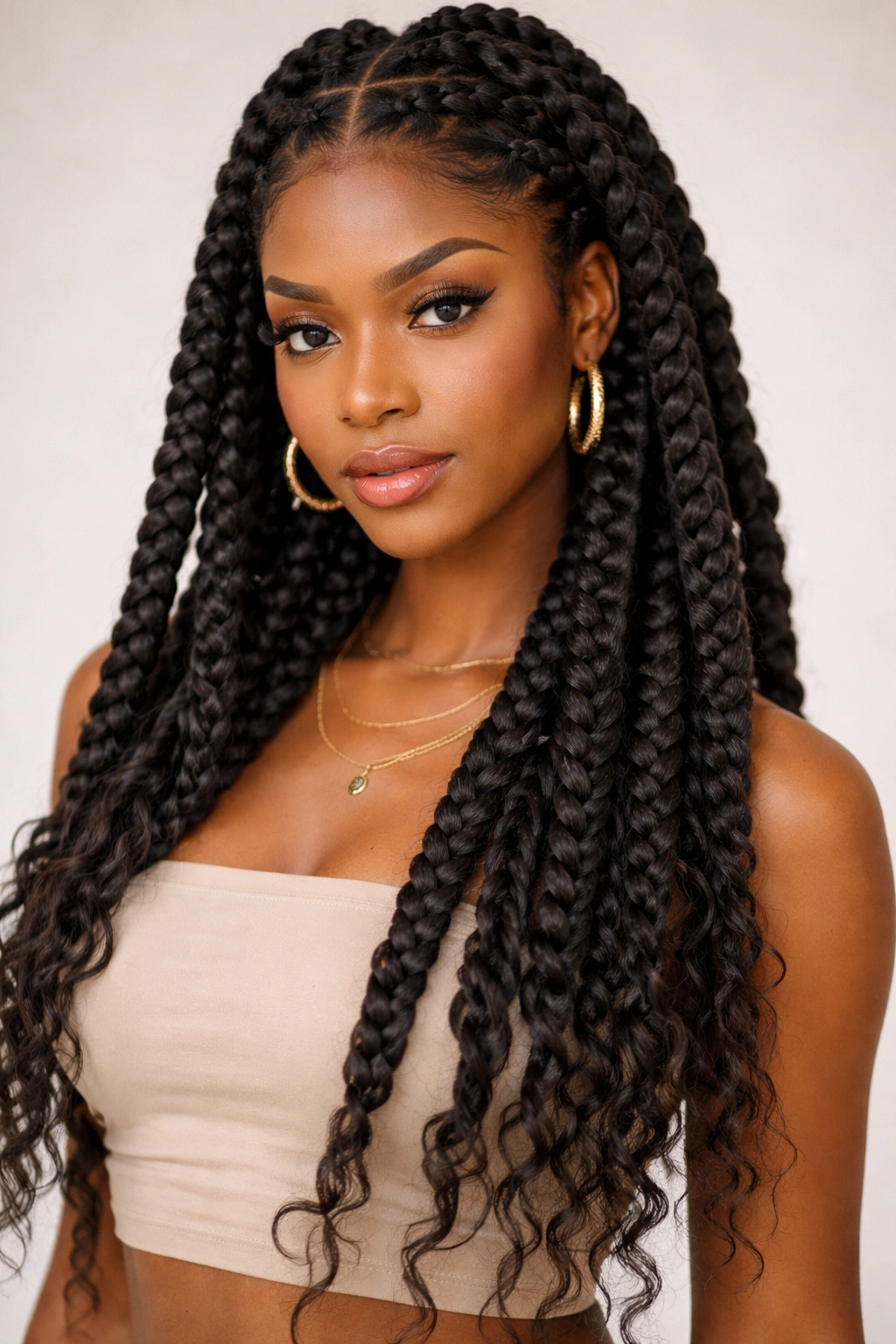 Close-up of jumbo boho braids on Afro hair with chunky sections
