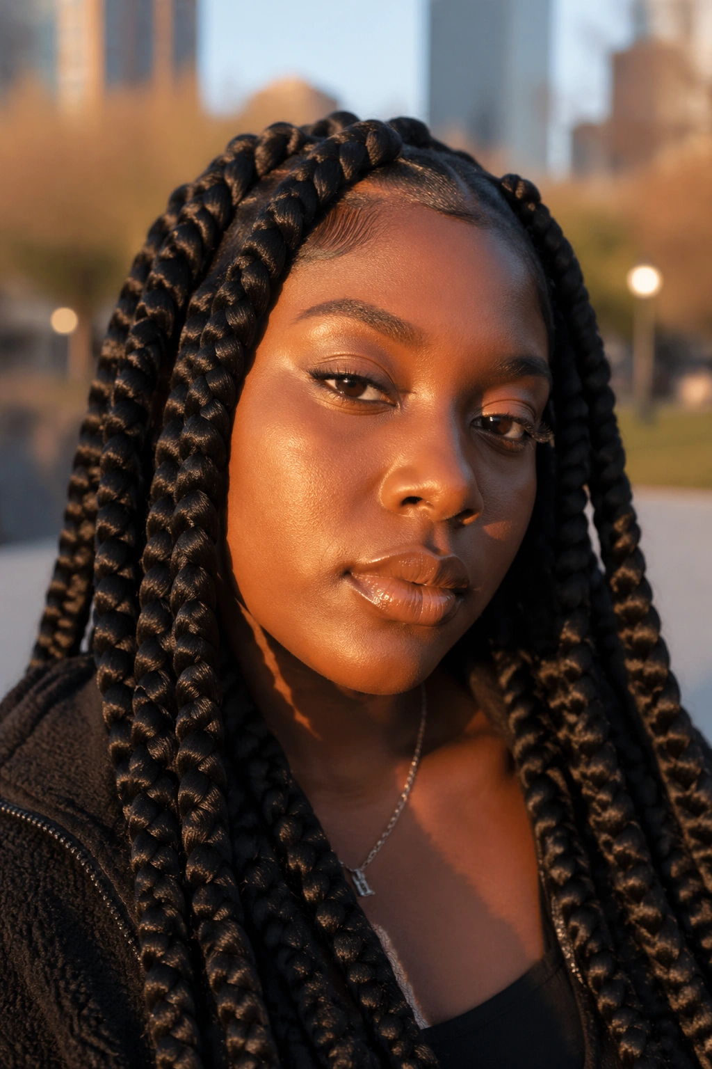 Close-up portrait of a real person with jumbo box braids in golden hour outdoor setting