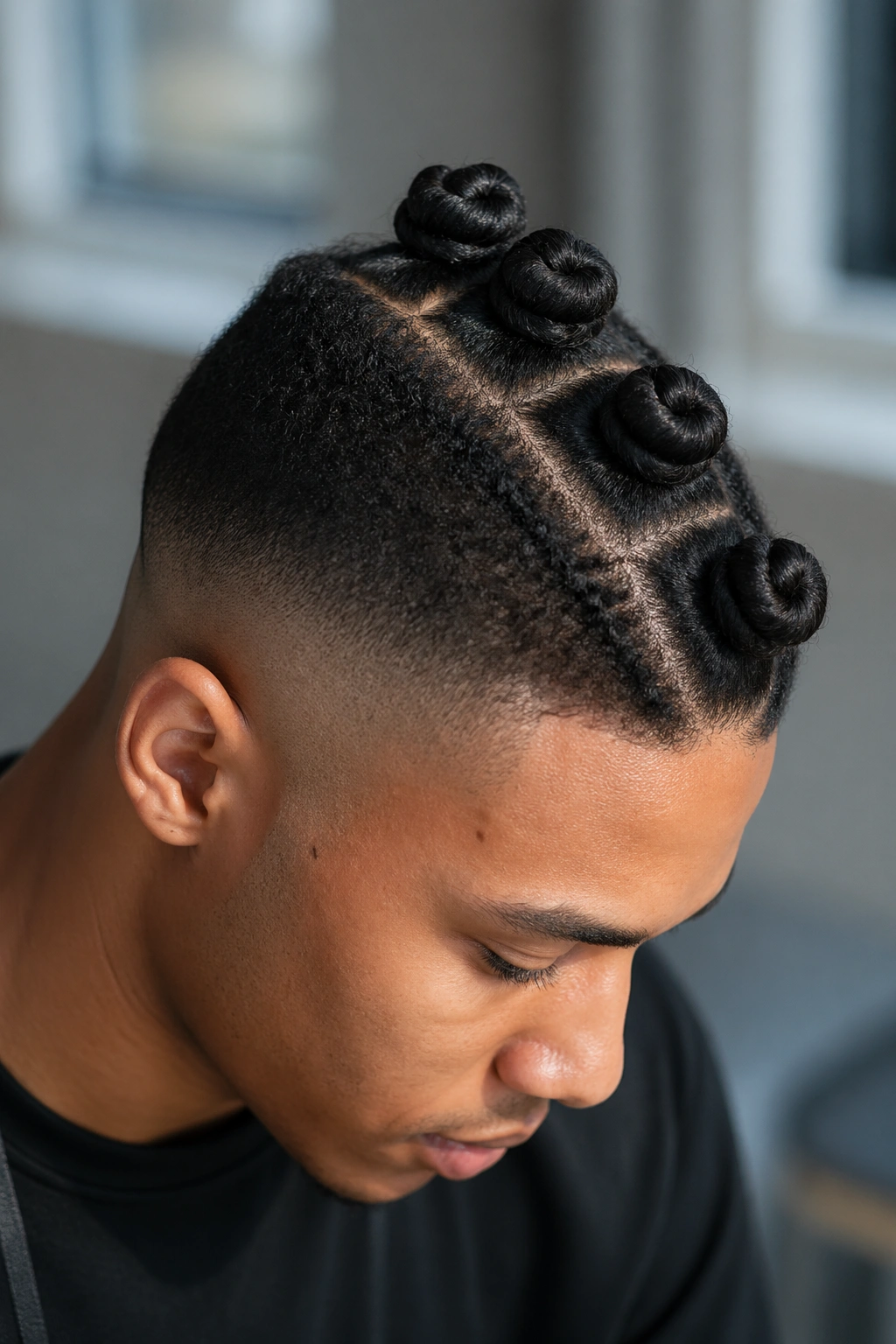 Close-up of a real person with Jumbo Center-Row Knots over a low skin fade