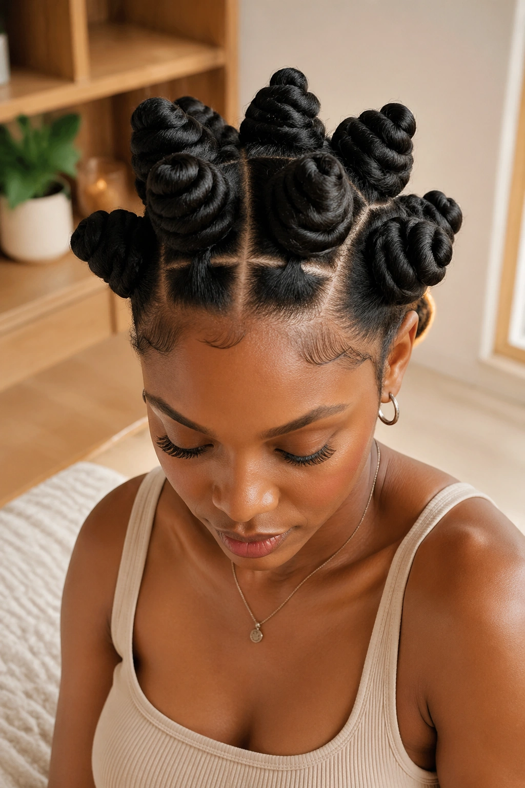 Close-up portrait of a real woman with jumbo crown bantu knots forming a crown on the head