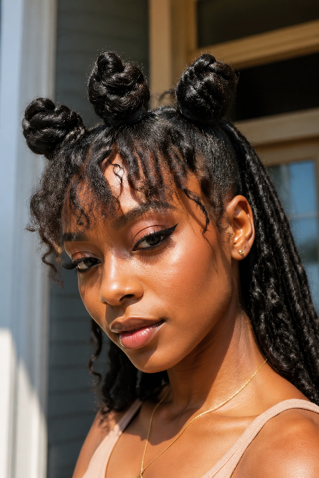 Close-up of a woman with jumbo front knots and soft fringe