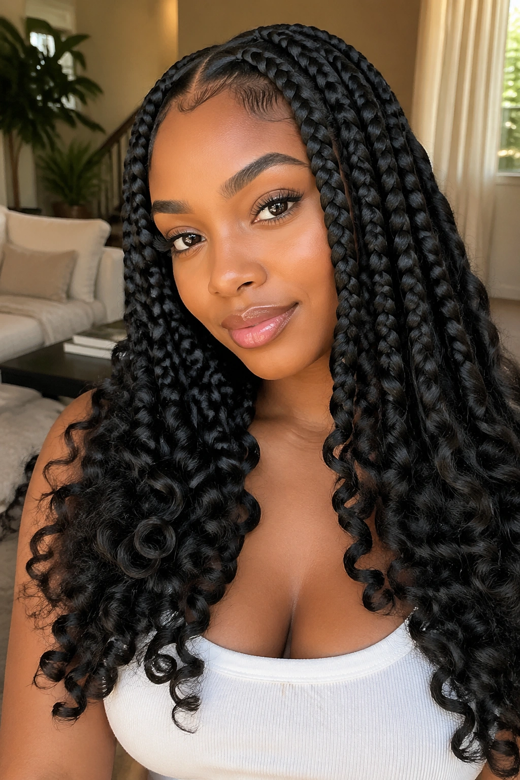 Real woman with jumbo knotless braids and big bouncy curls, portrait in a living room.