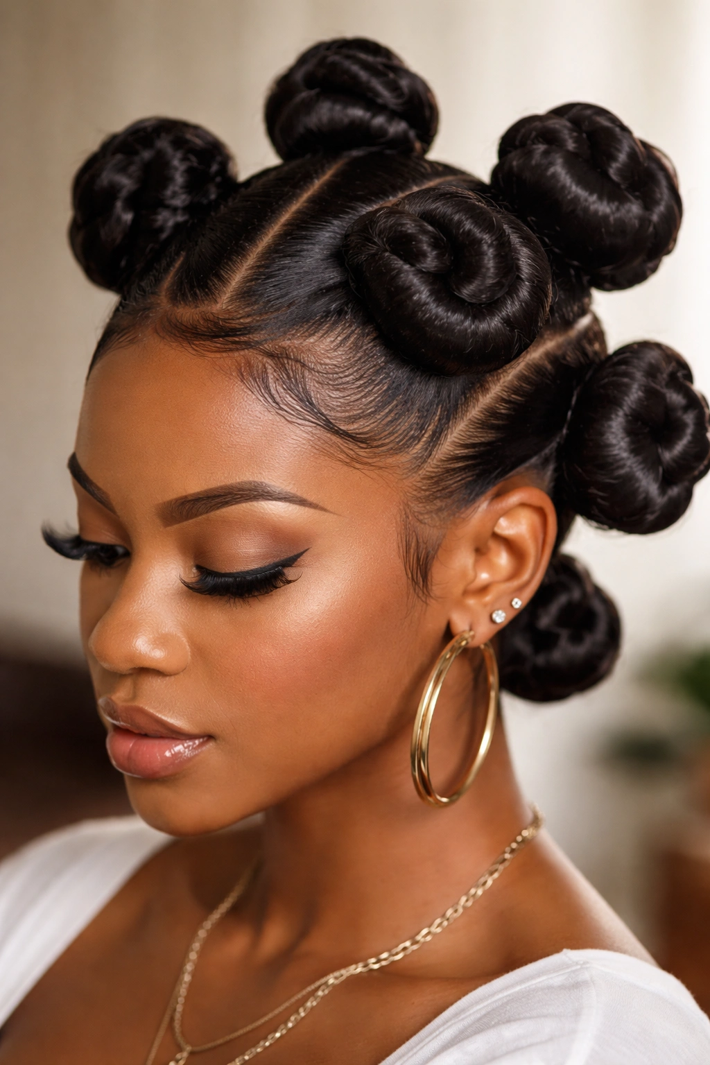 Close-up of large round Bantu knots across the scalp on quick weave