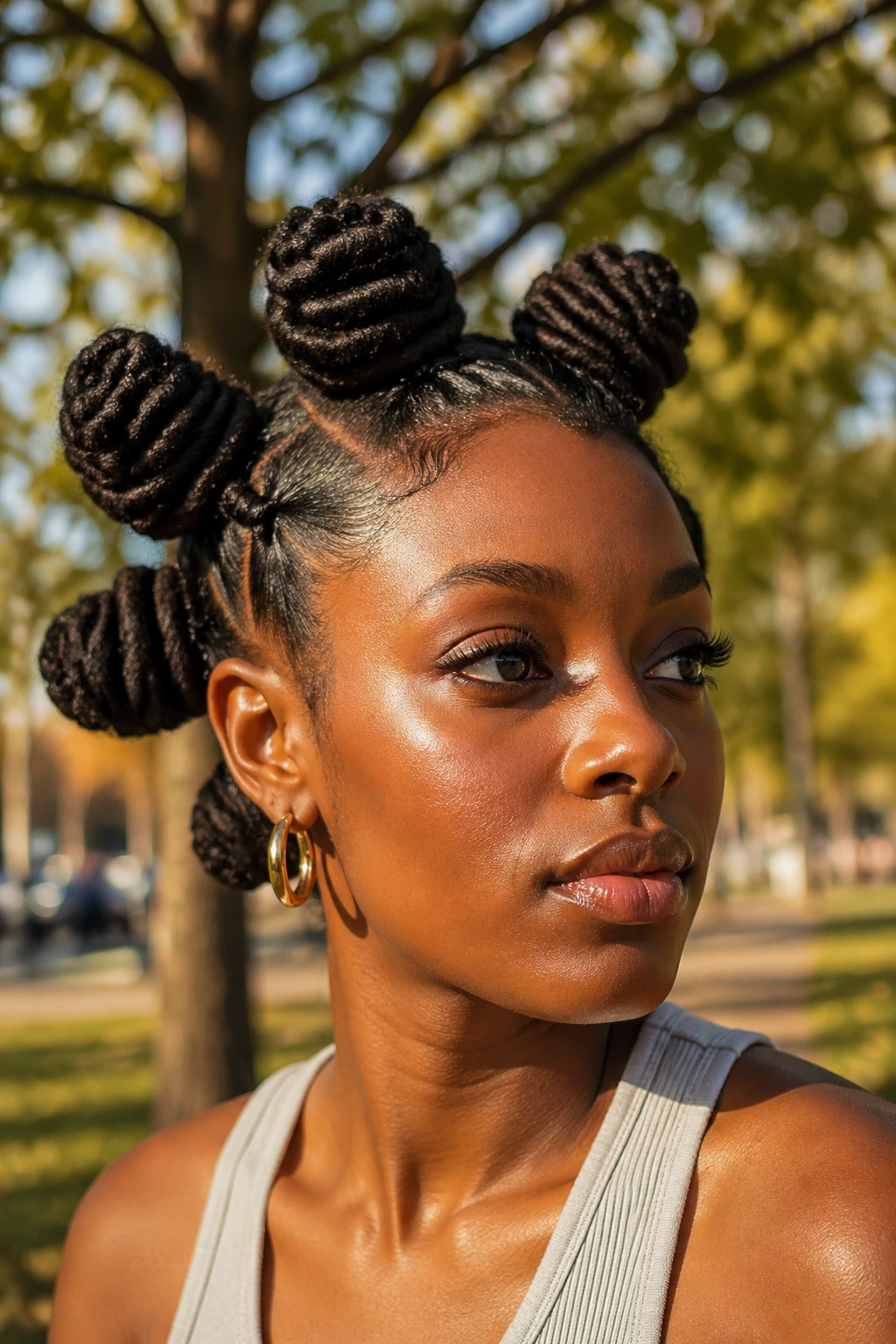 Close-up of a real person with oversized jumbo bantu knots on thick locs.