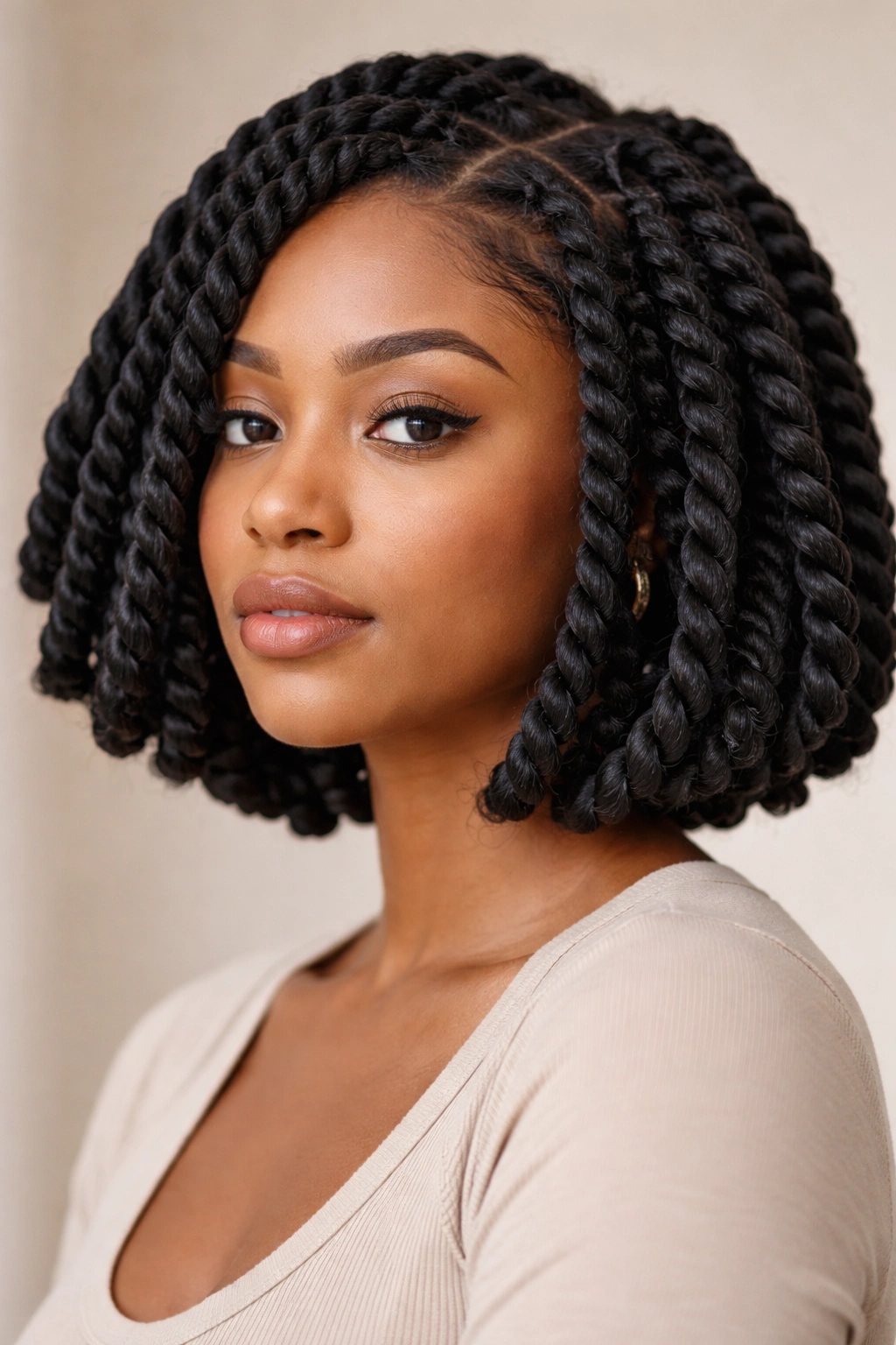 Chin-length bob with jumbo rope twists framing the face