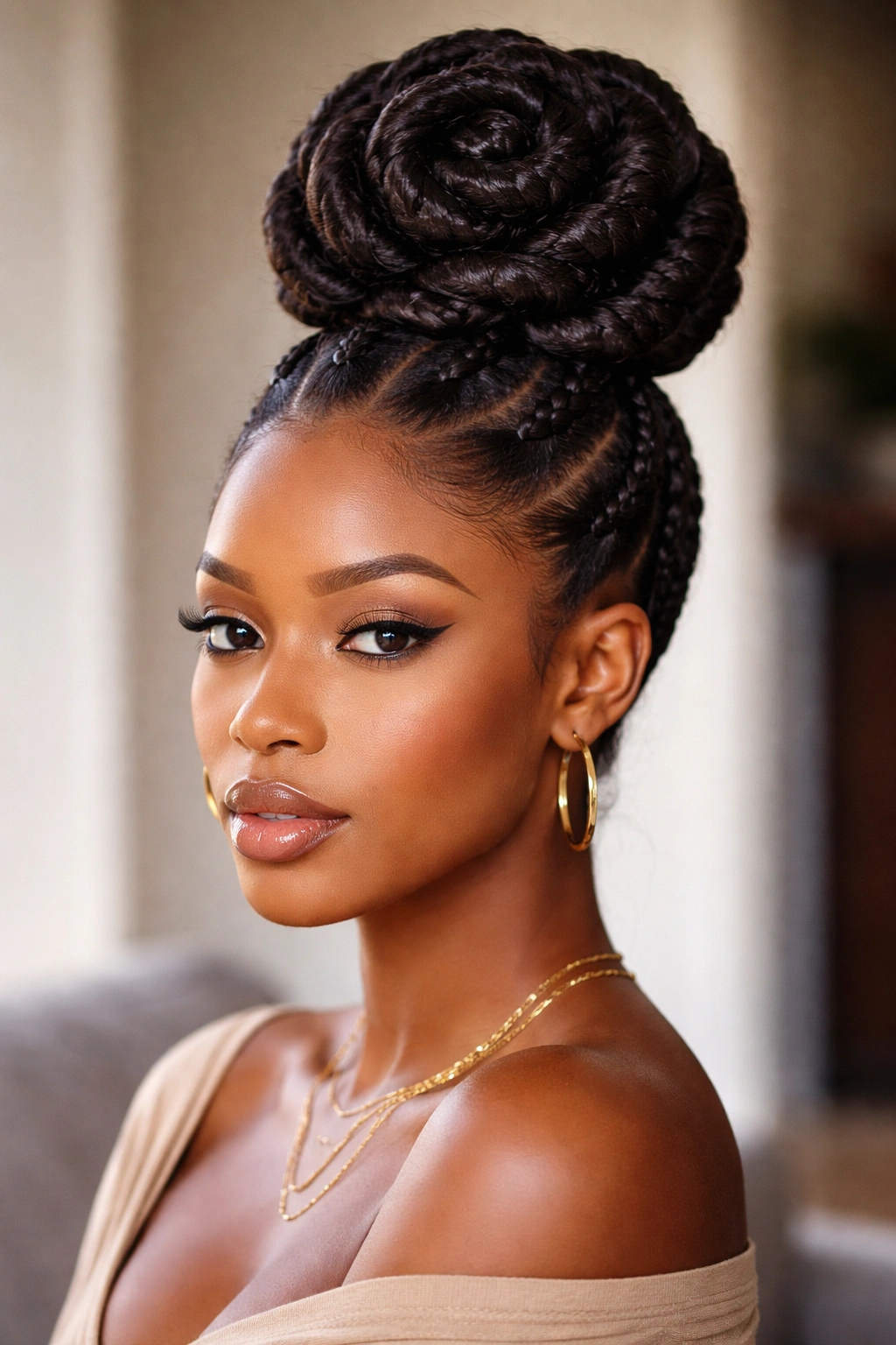 Single large Bantu knot at crown with sections fanning out around it