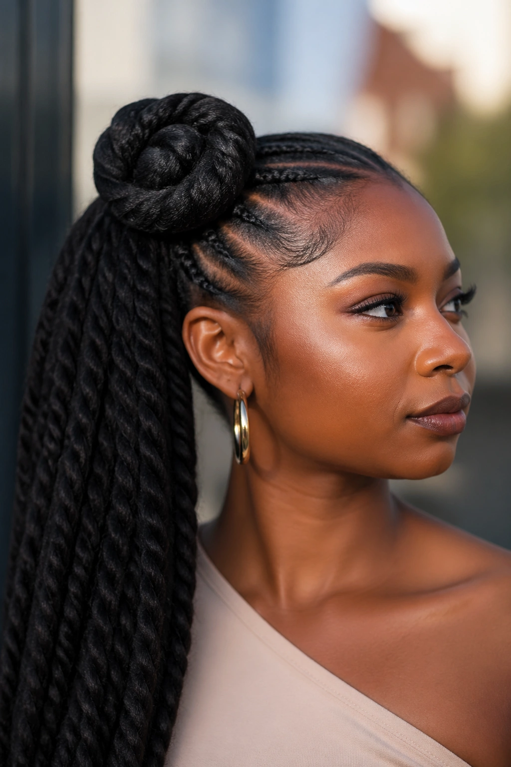 Real person with jumbo side ponytail and oversized Bantu knot in natural light.