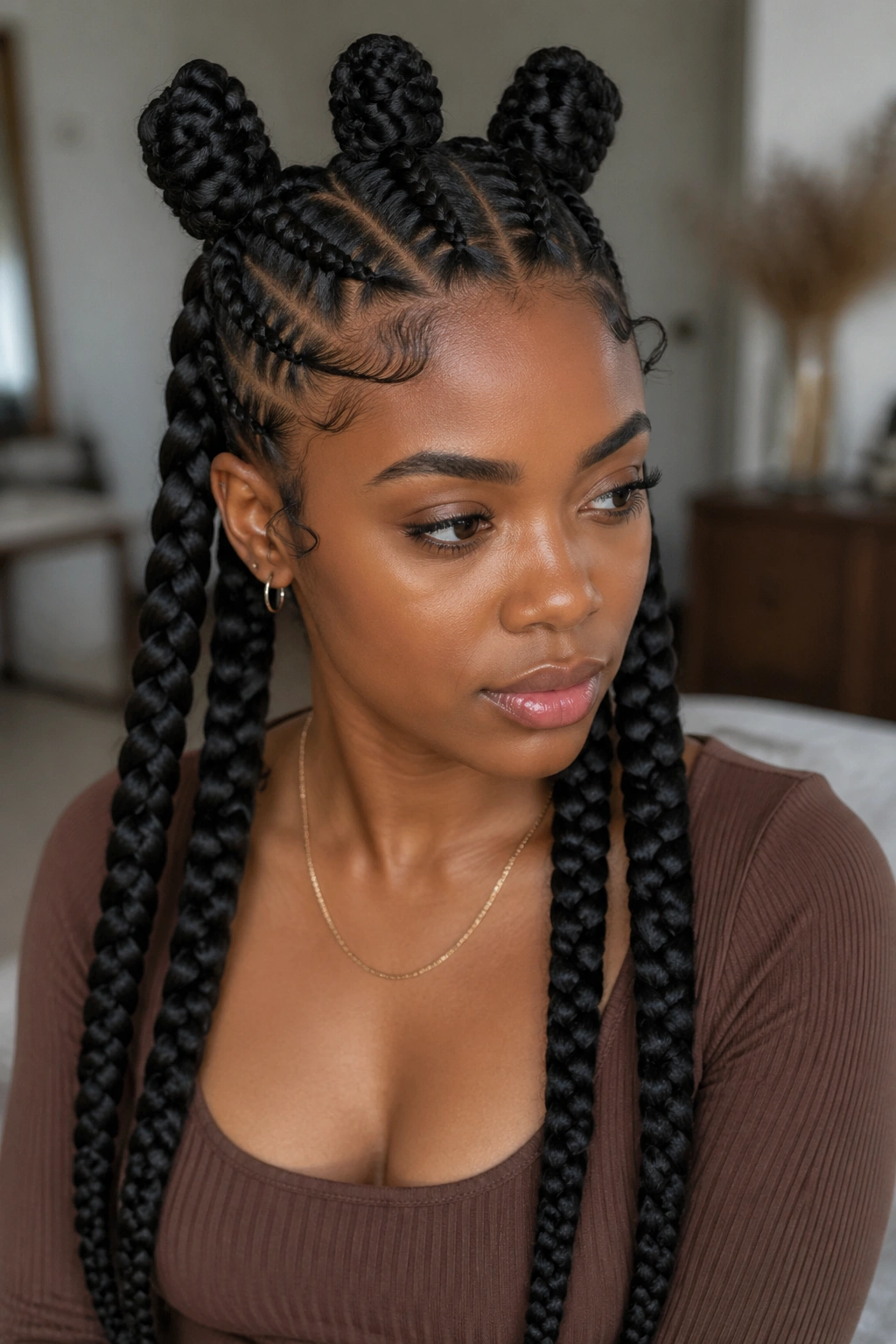 Portrait of a real person with five jumbo stitch braids and three top knots across the crown