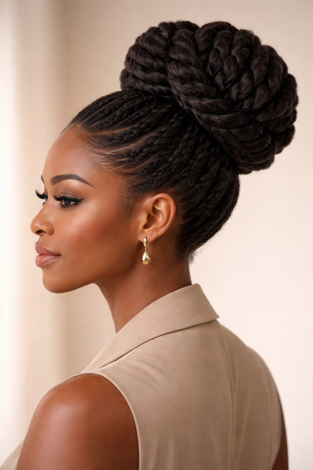 Jumbo twist bun with large twists forming a voluminous updo