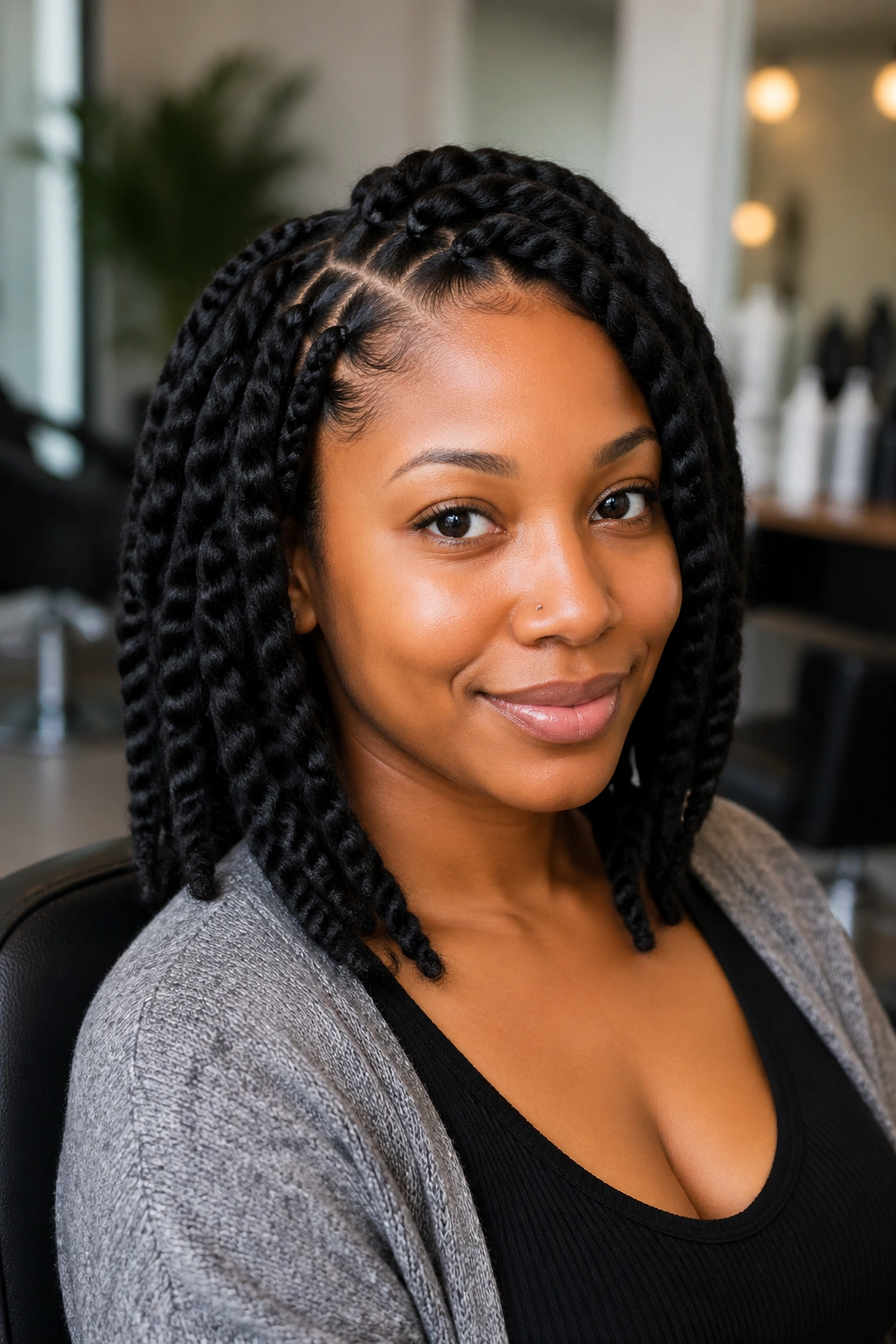 Real person with jumbo twists close-up portrait in a bright indoor setting