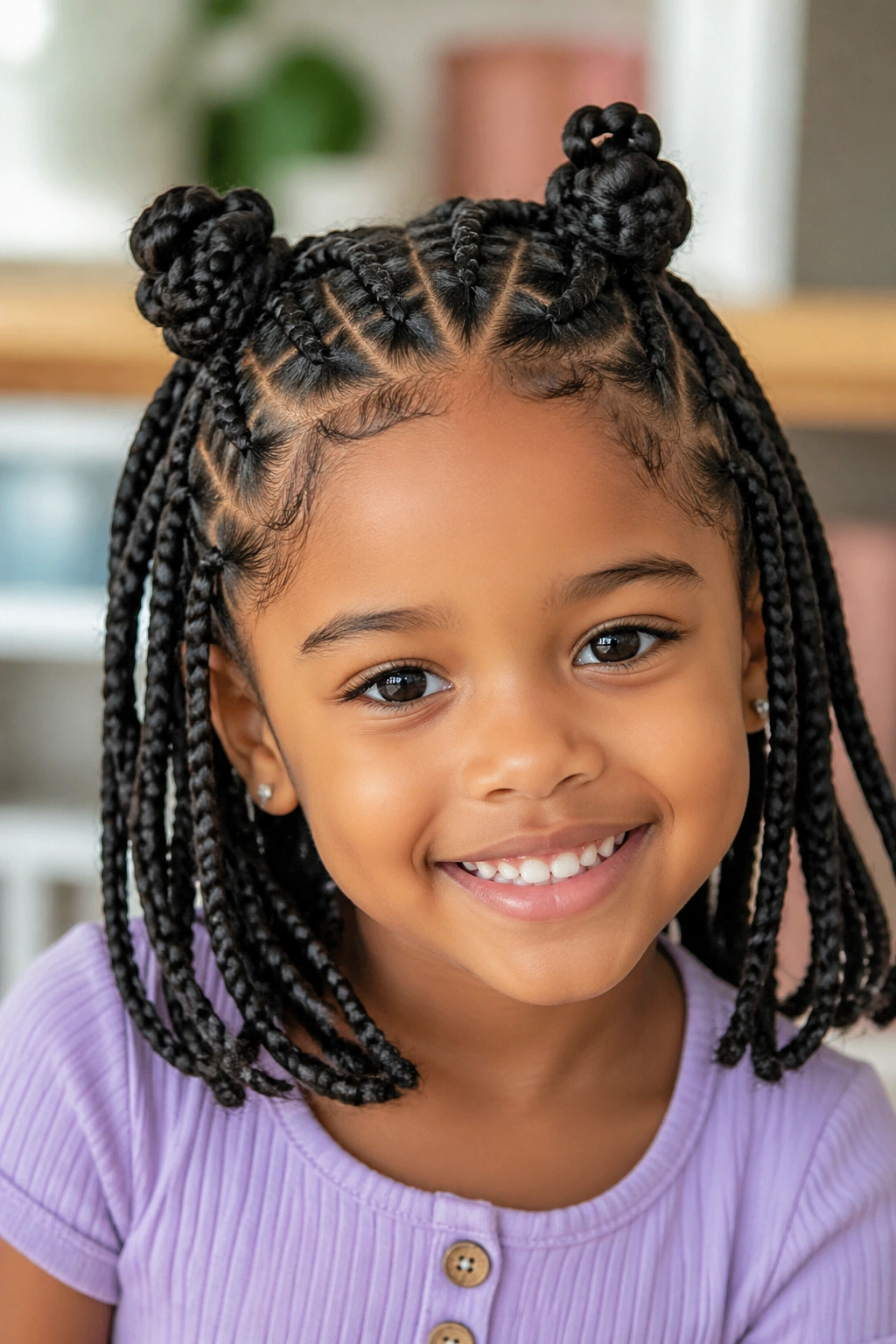 Child with stitch braids and tiny soft mini knots