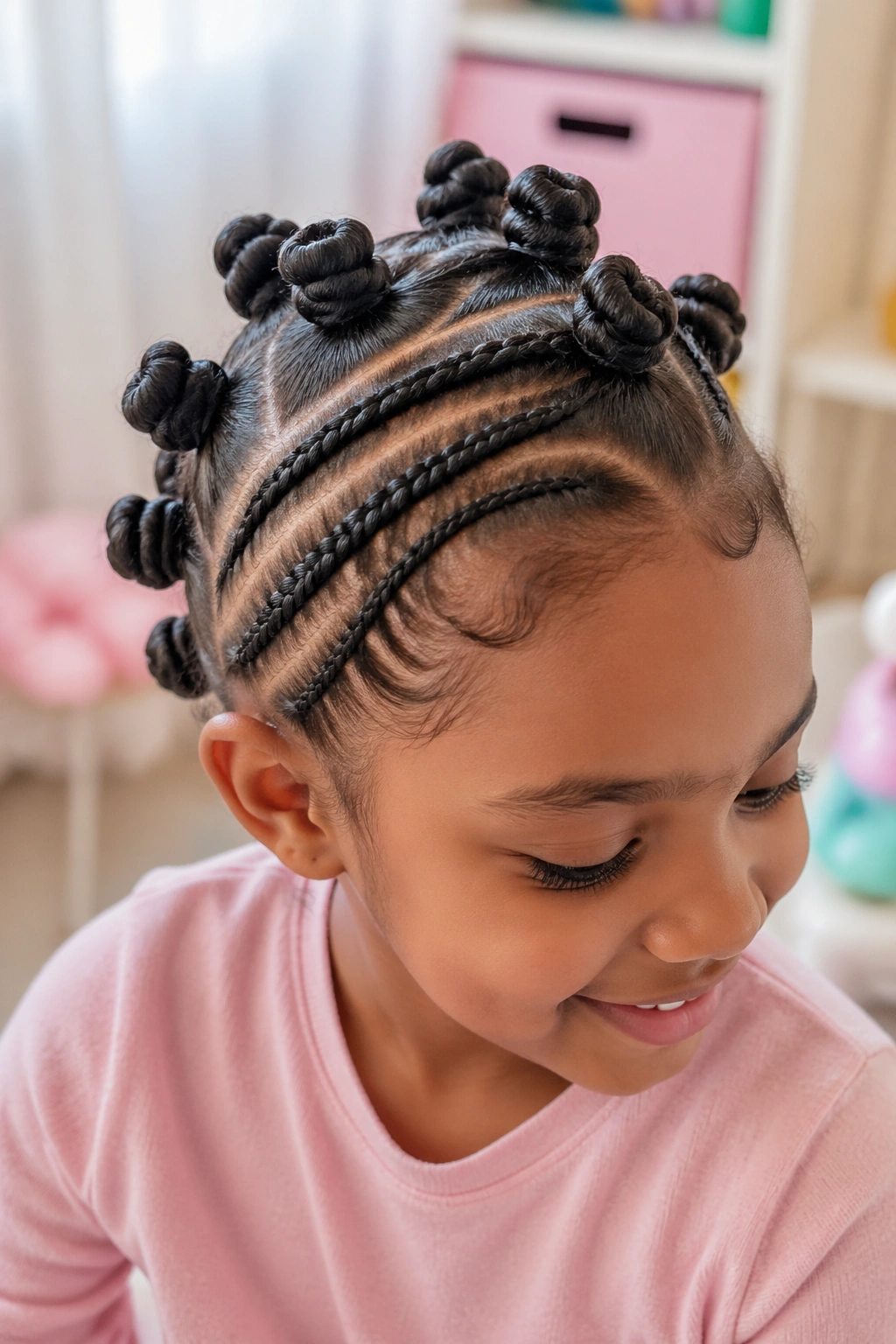 Close-up of a real child with soft parts and gentle braid lines.
