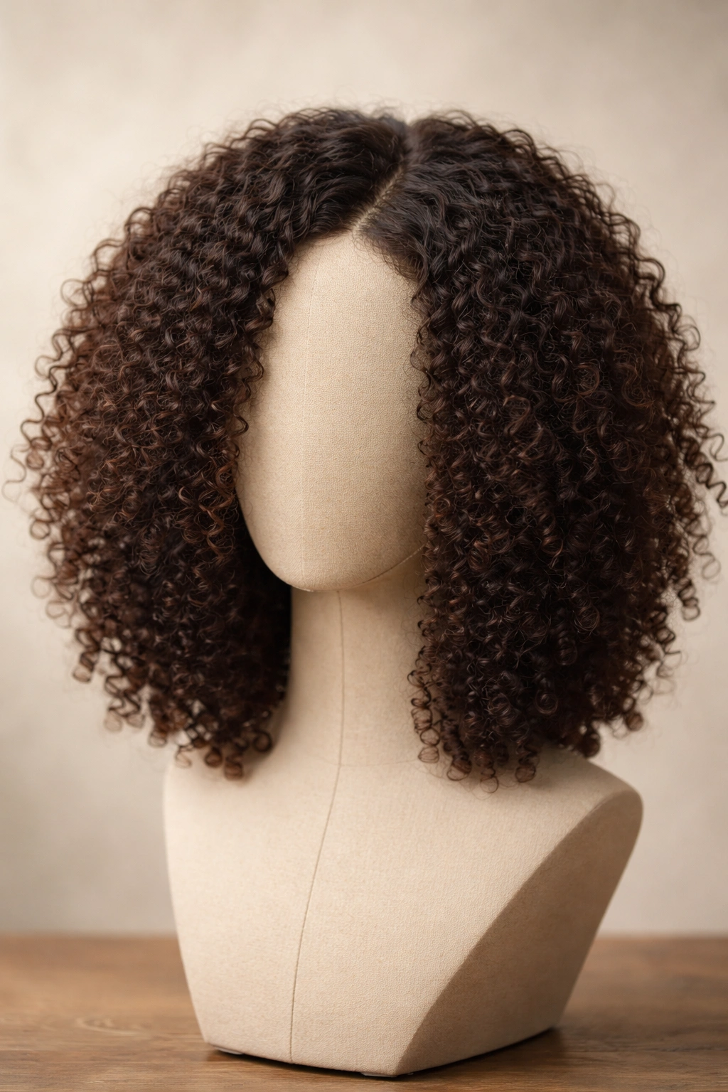 Shoulder-length kinky curly wig with hidden part on head form
