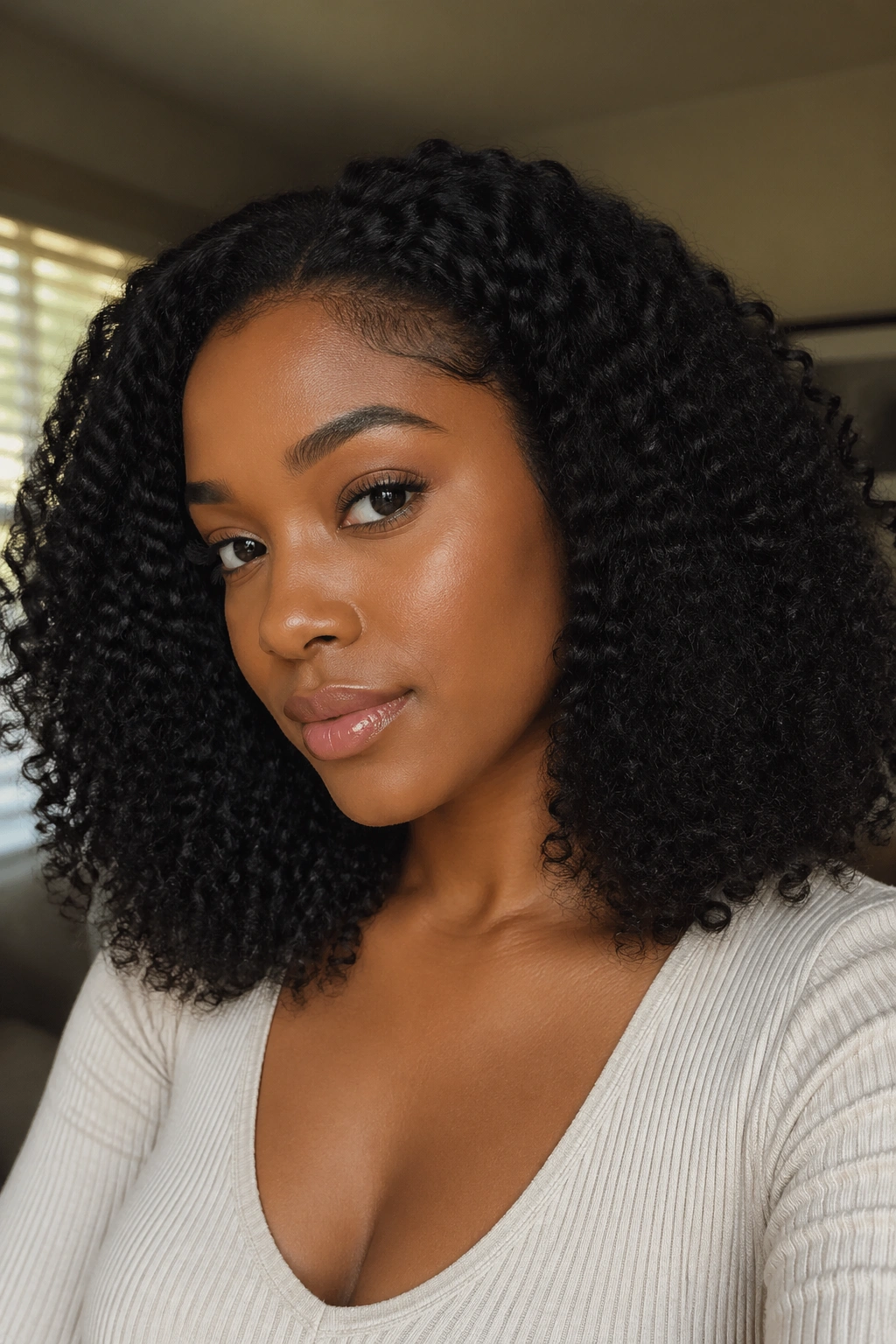 Close-up portrait of a real woman wearing a shoulder-length kinky curly Afro wig