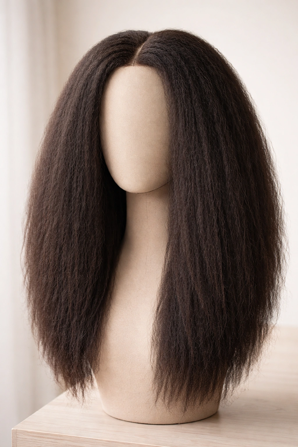Kinky Straight Afro Wig on a head form showing stretched-coil texture and subtle center part