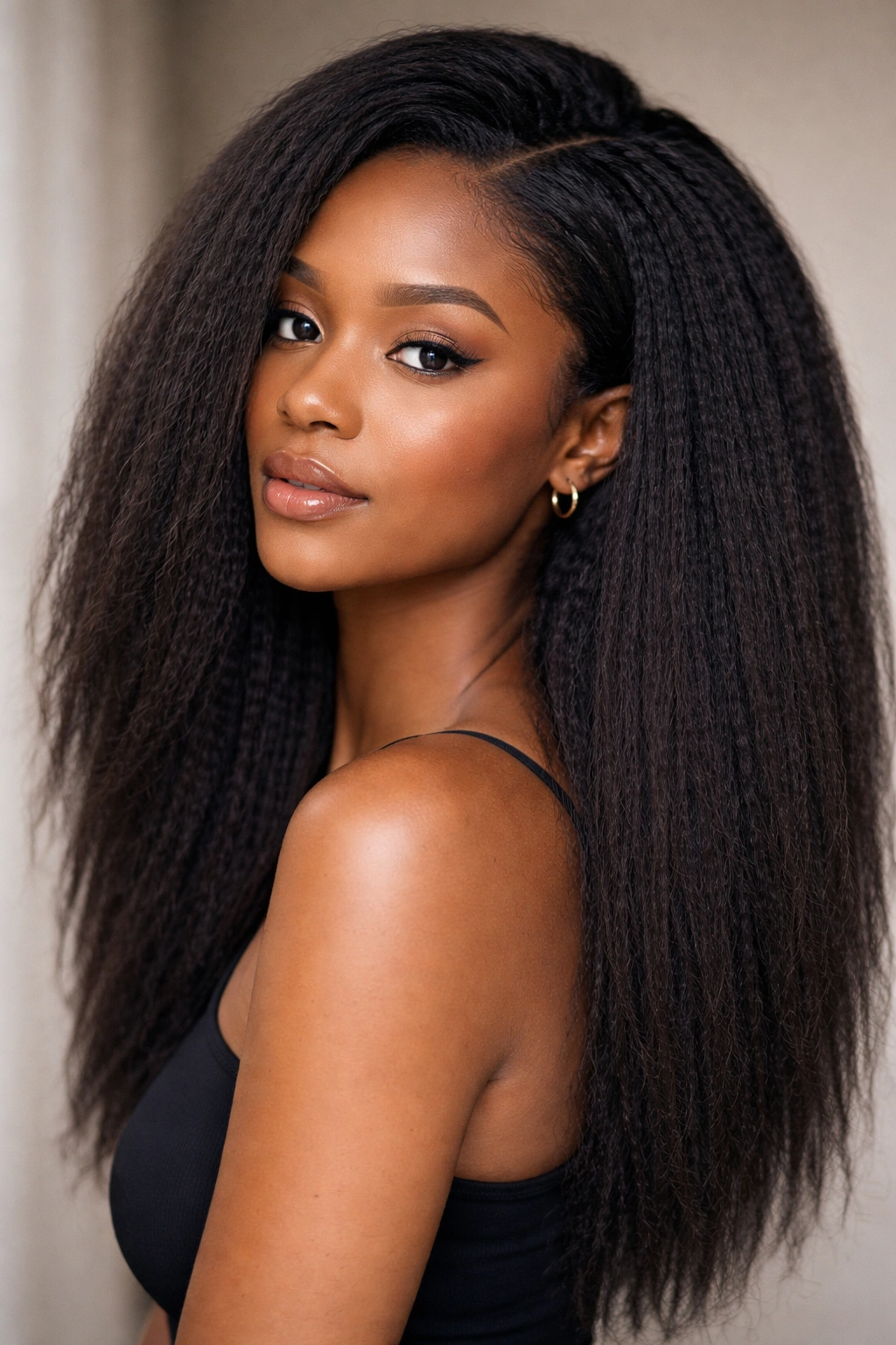 Close-up of kinky straight crochet blowout with textured, non-shiny strands